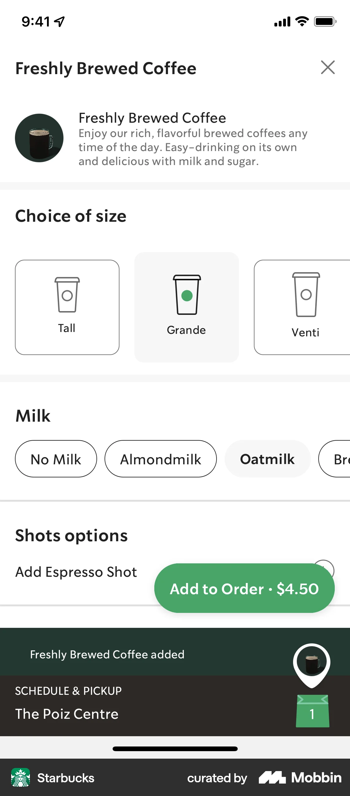 Starbucks iOS screen containing Toast UI element