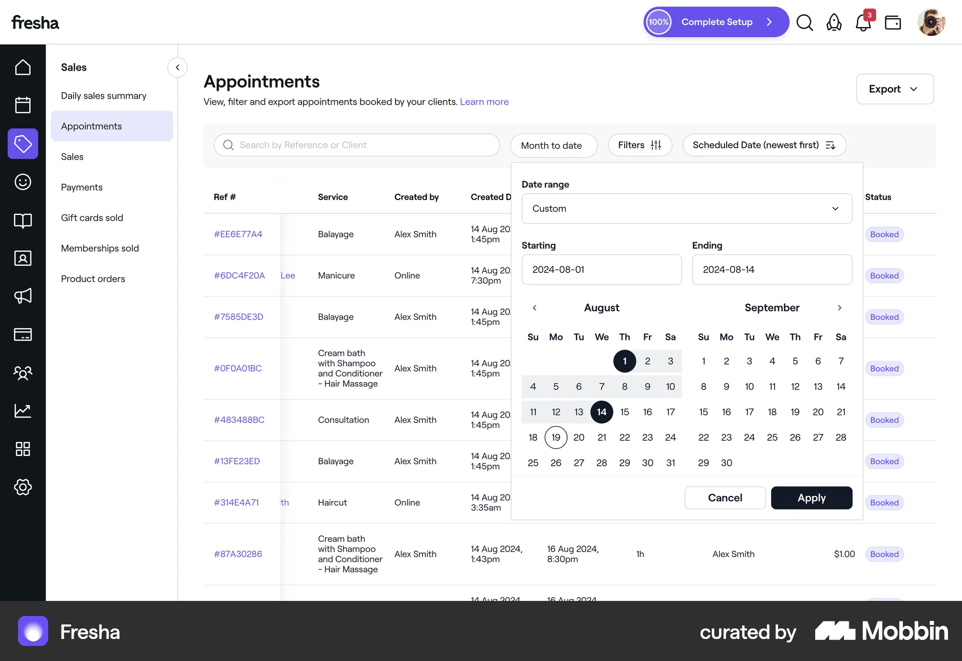 Fresha Web Calendar screen
