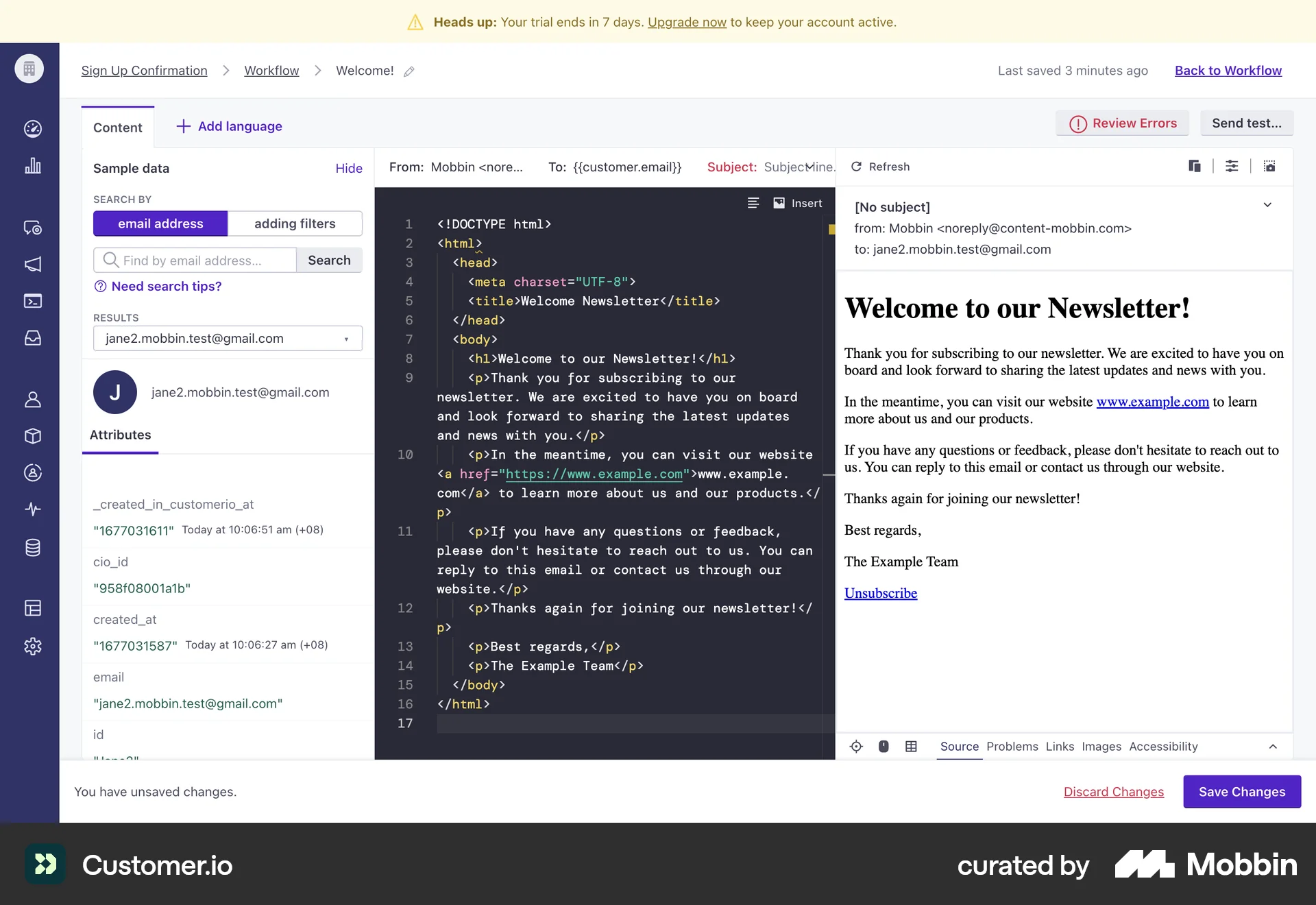 Customer.io Web Code Editor screen