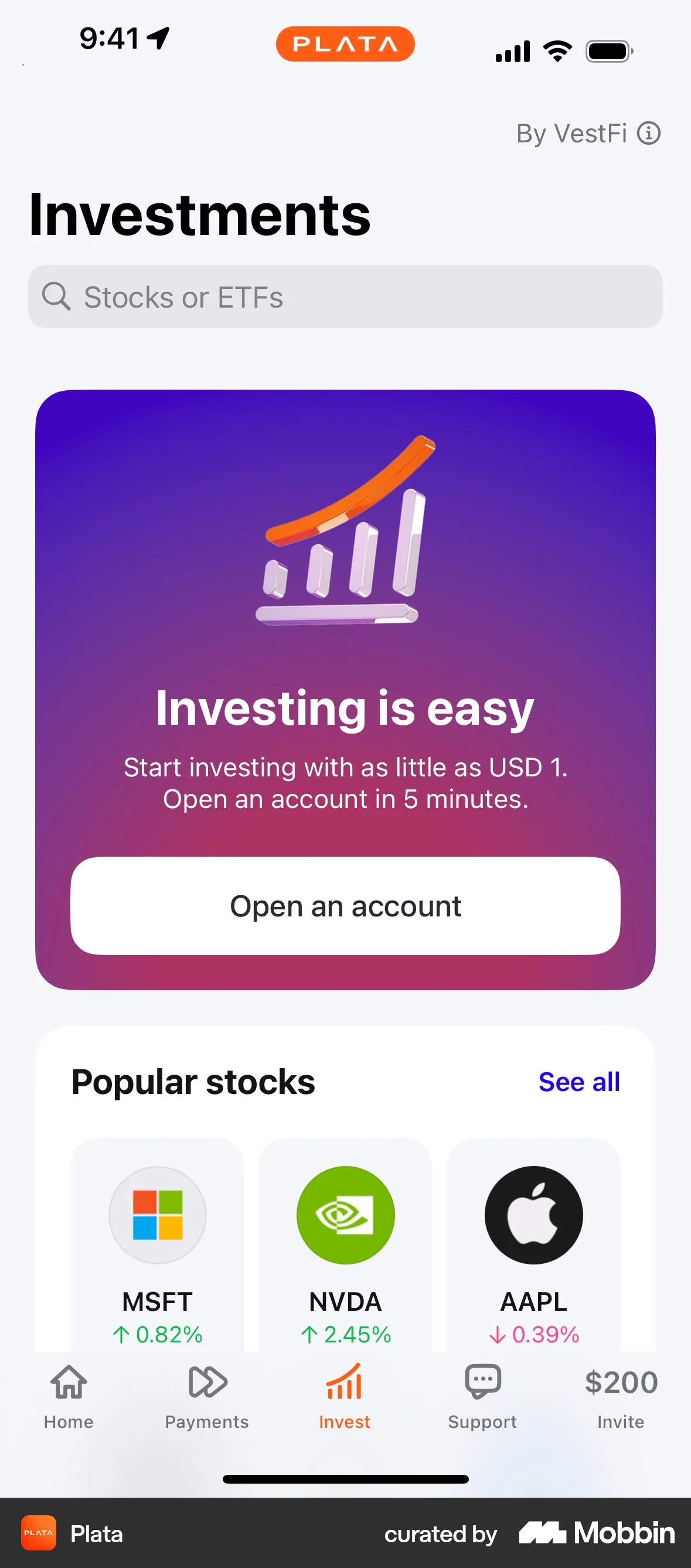 Plata Card iOS screen containing Banner UI element