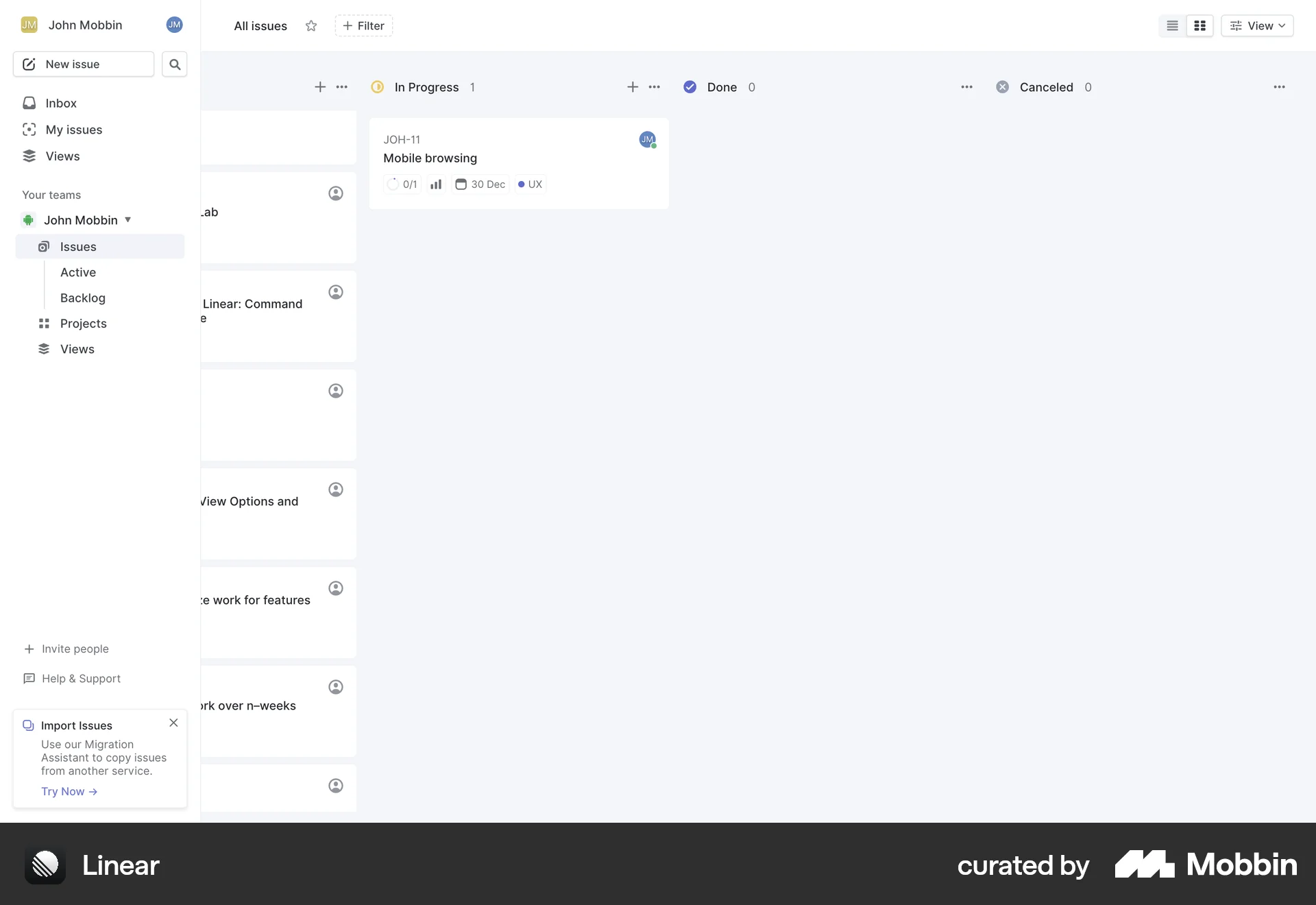 Linear Web Kanban Board screen