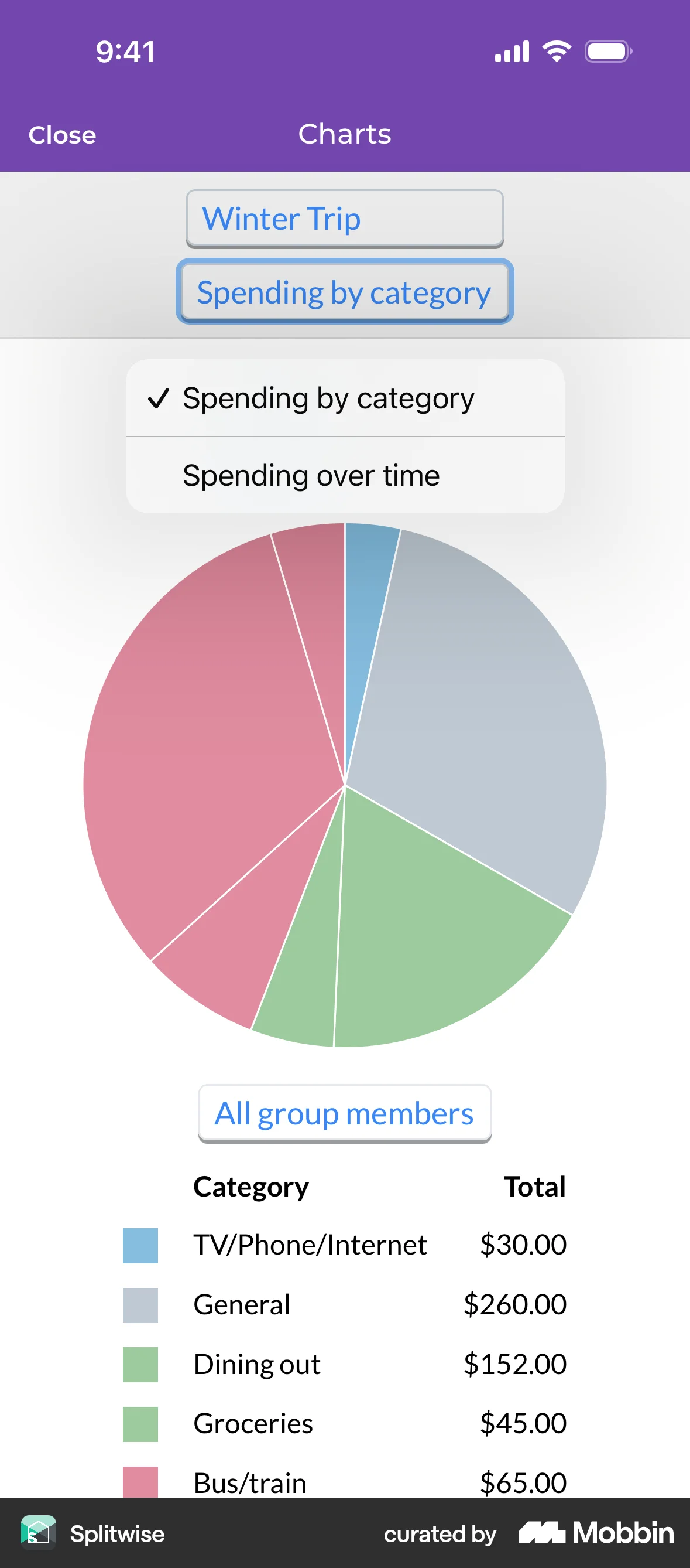 Splitwise iOS Pie Chart UI screen
