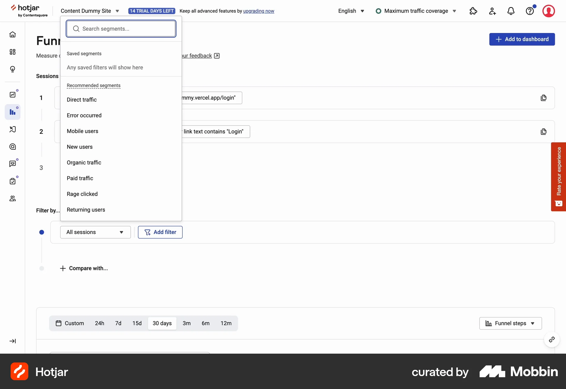 Hotjar Web screen containing Filter Panel UI UI element
