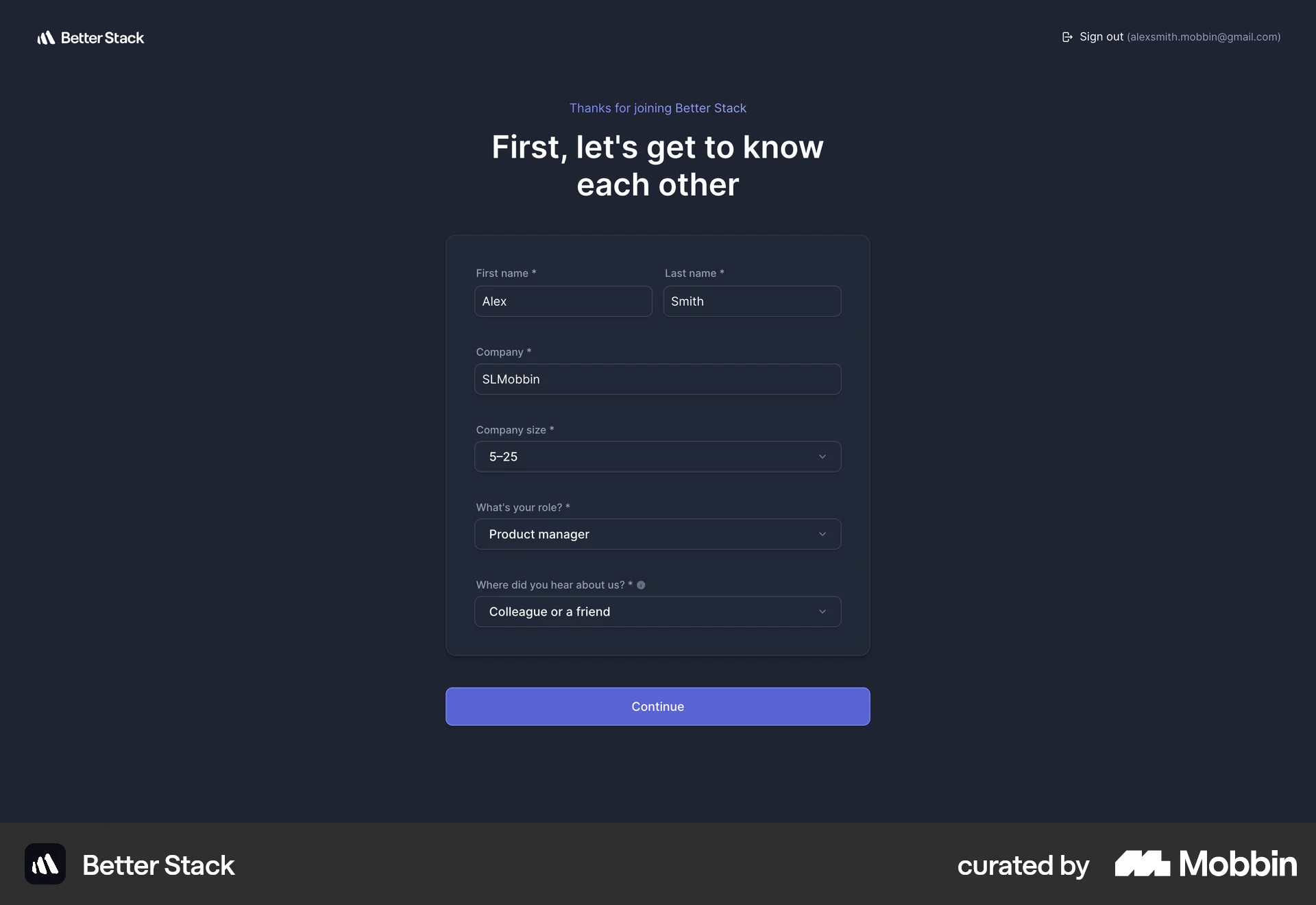 Better Stack Web Account Setup screen