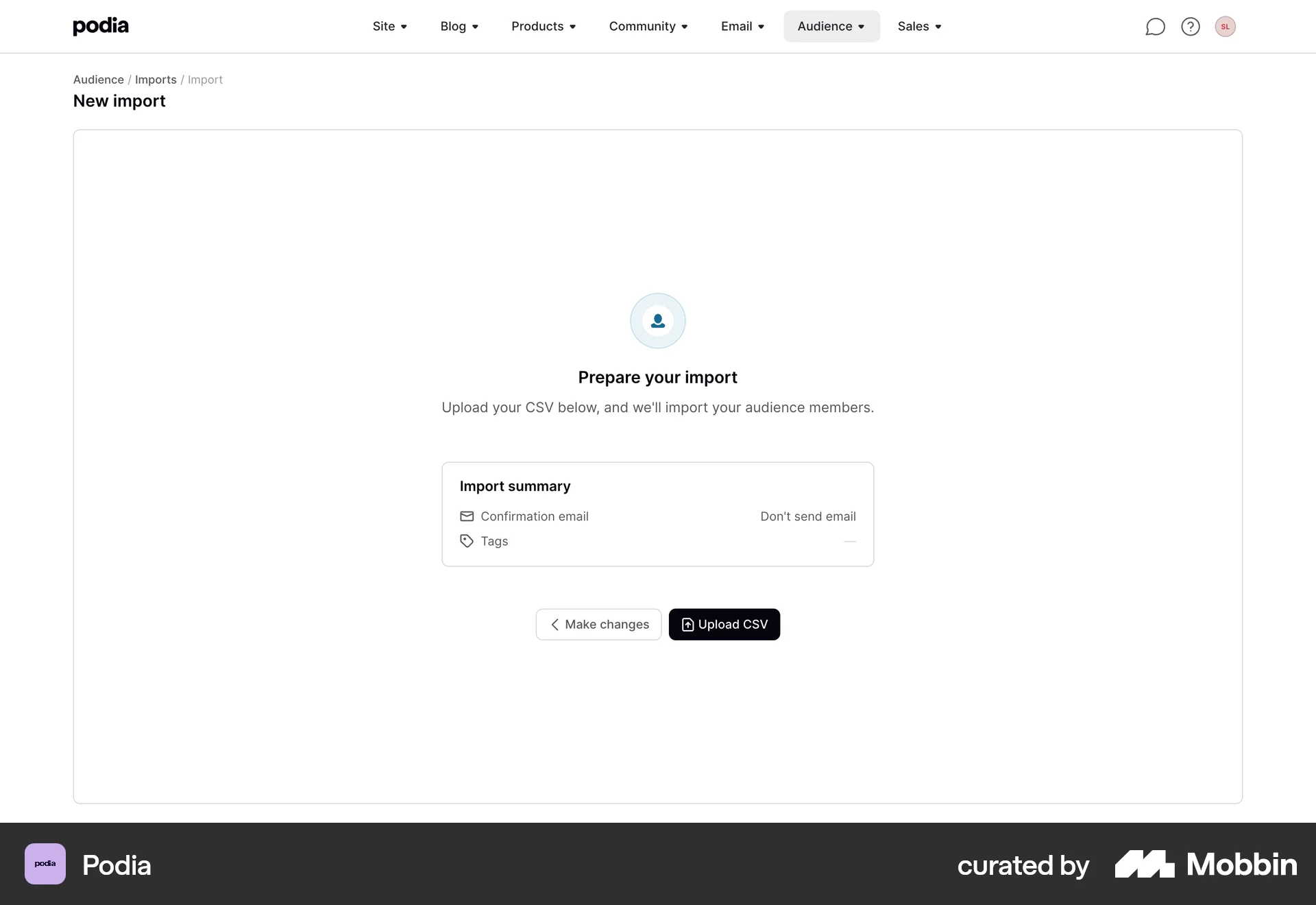 Podia Web Import & Export screen