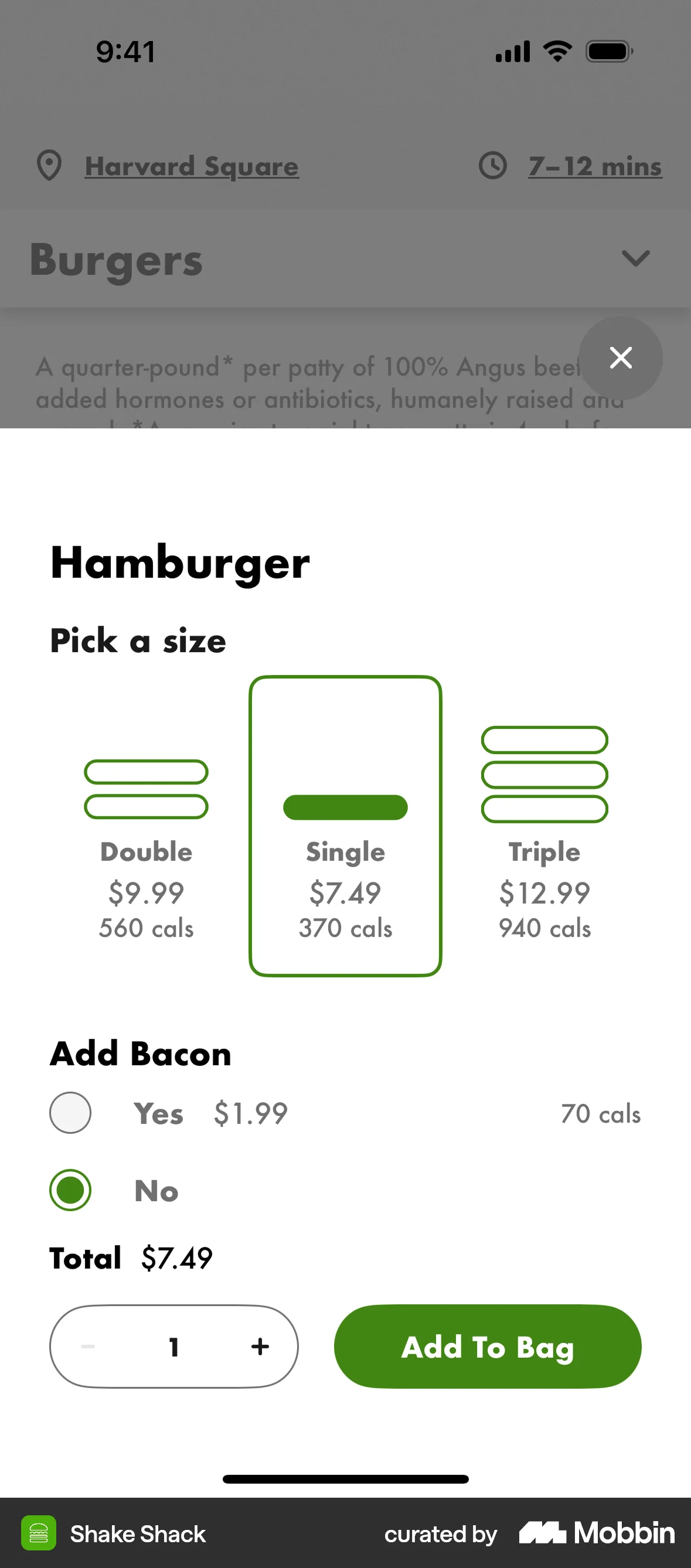 Shake Shack iOS screen containing Bottom Sheet UI element