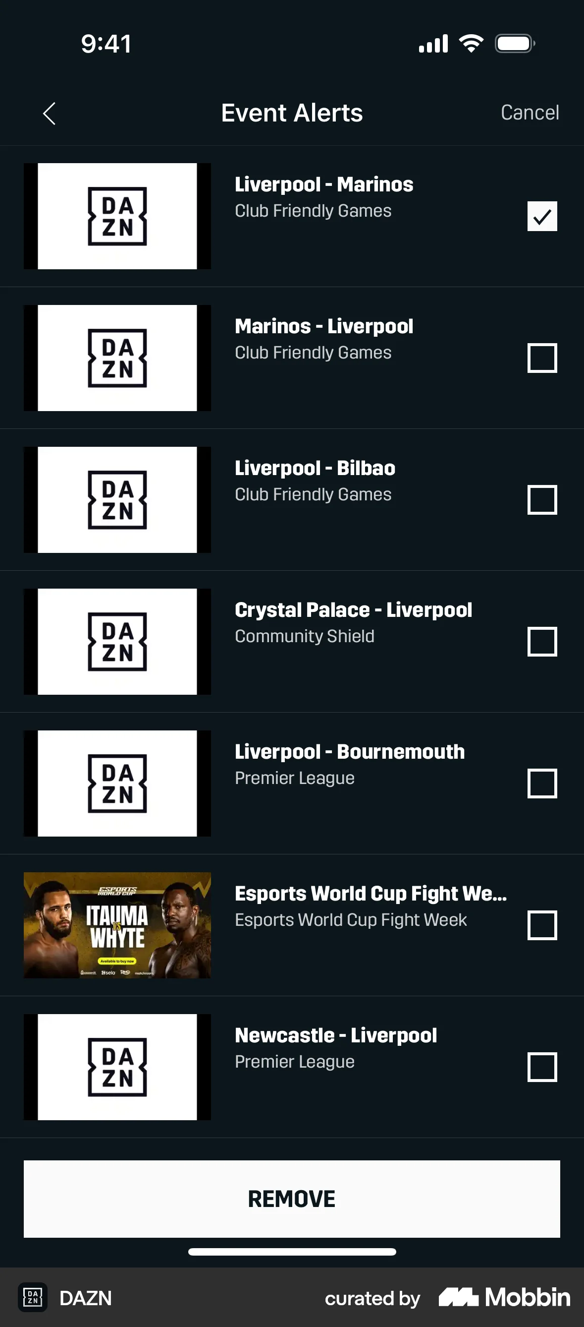 DAZN iOS Delete screen