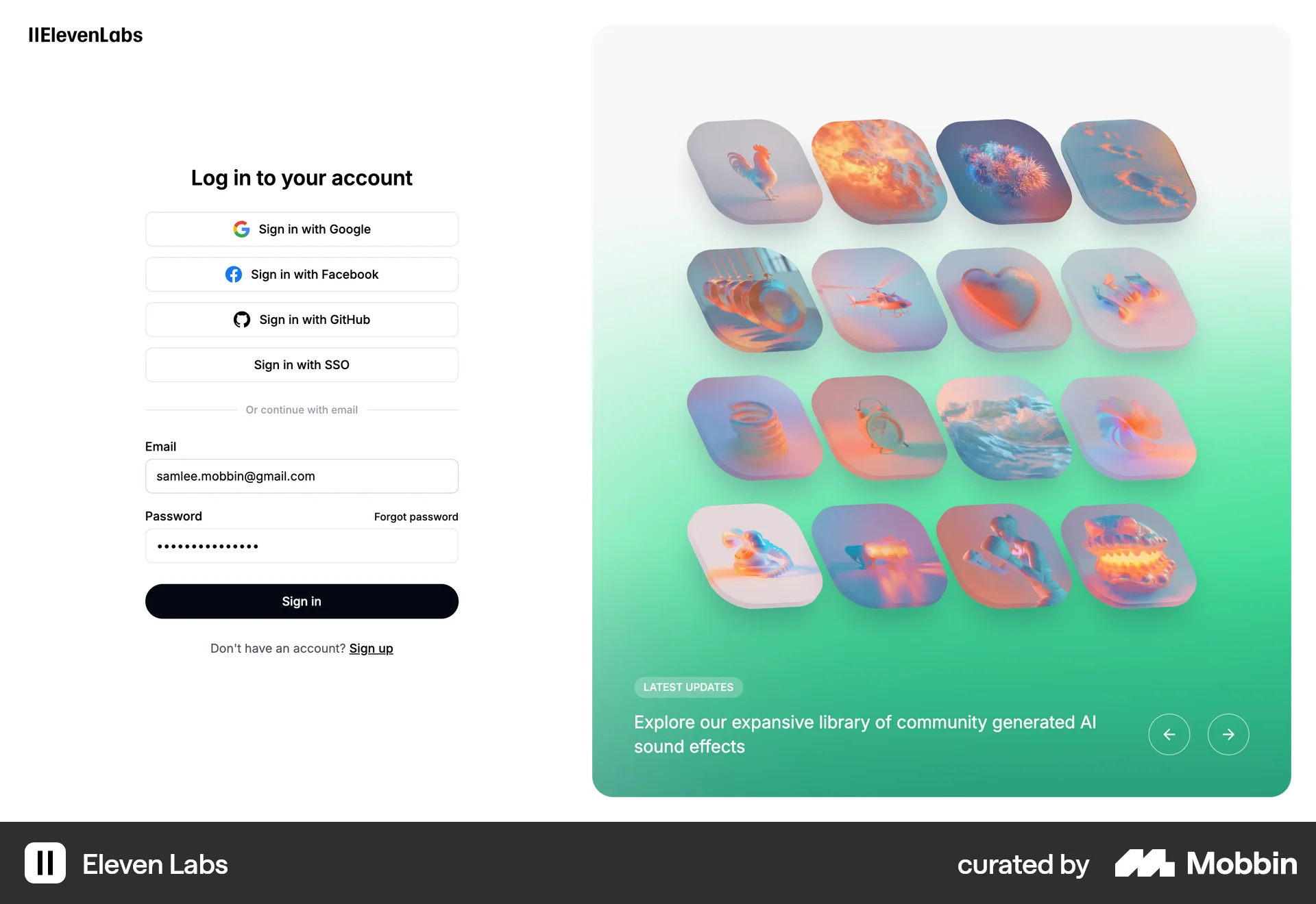ElevenLabs Web Login screen