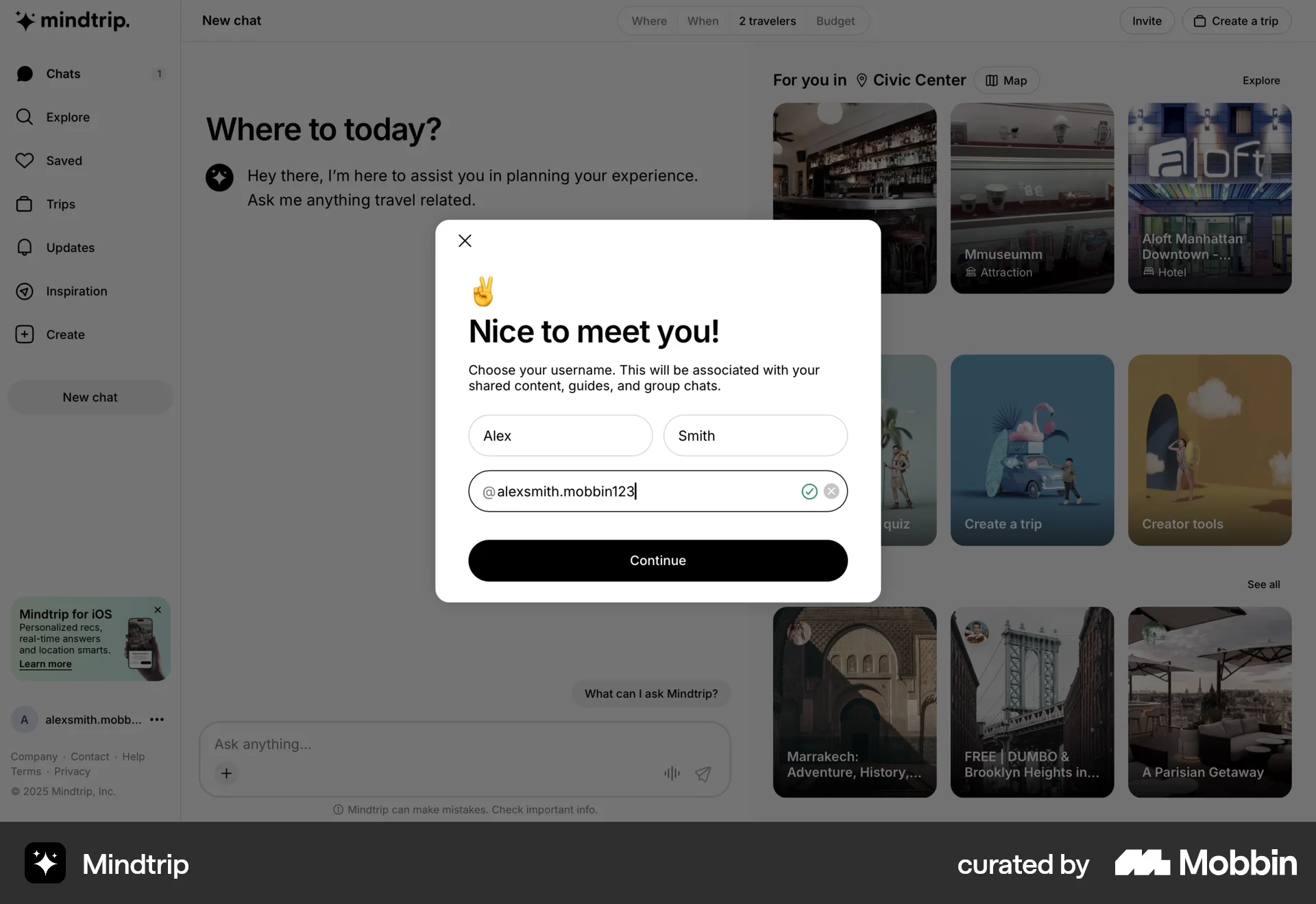 Mindtrip Web Account Setup screen
