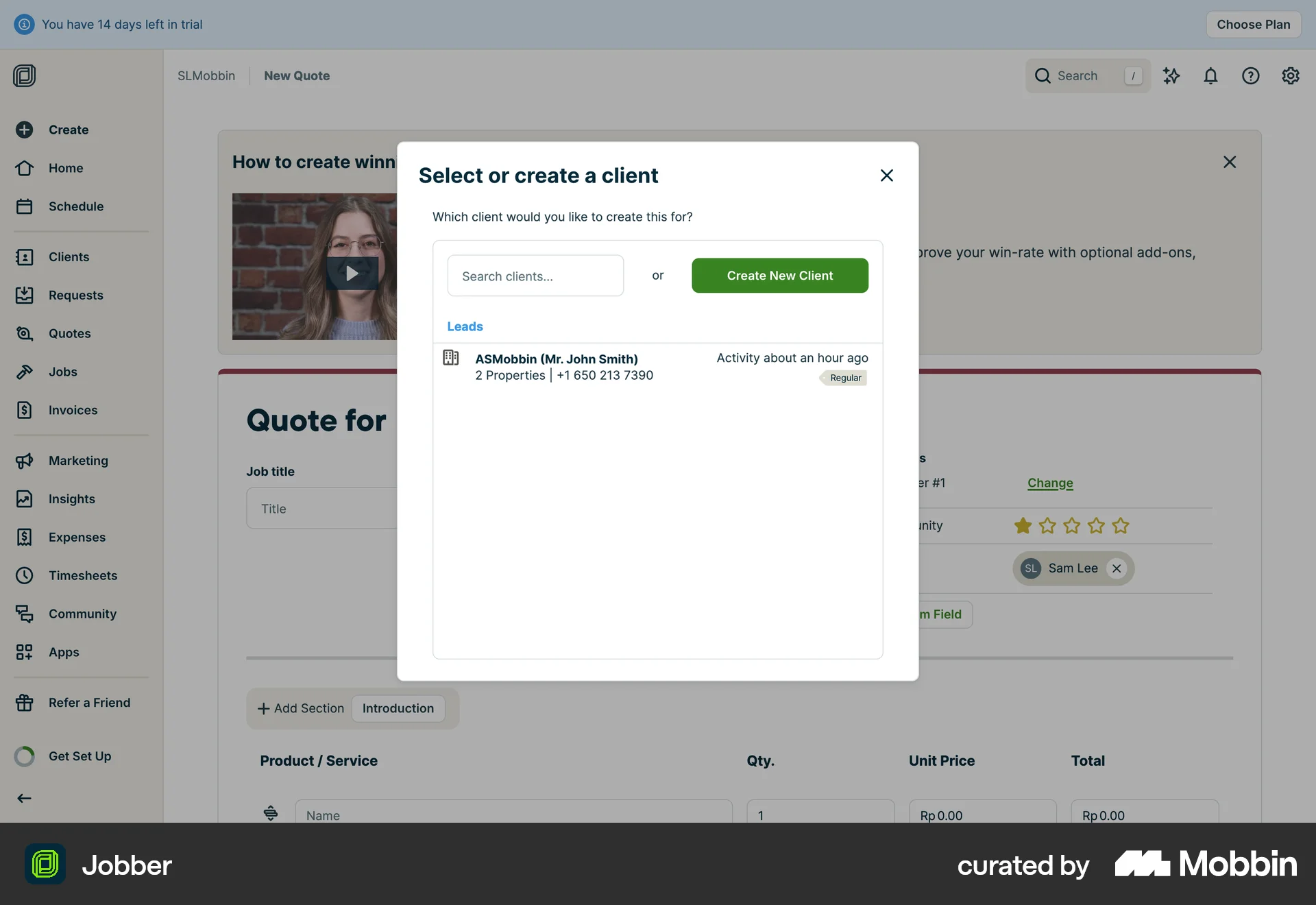 Jobber Web Select screen
