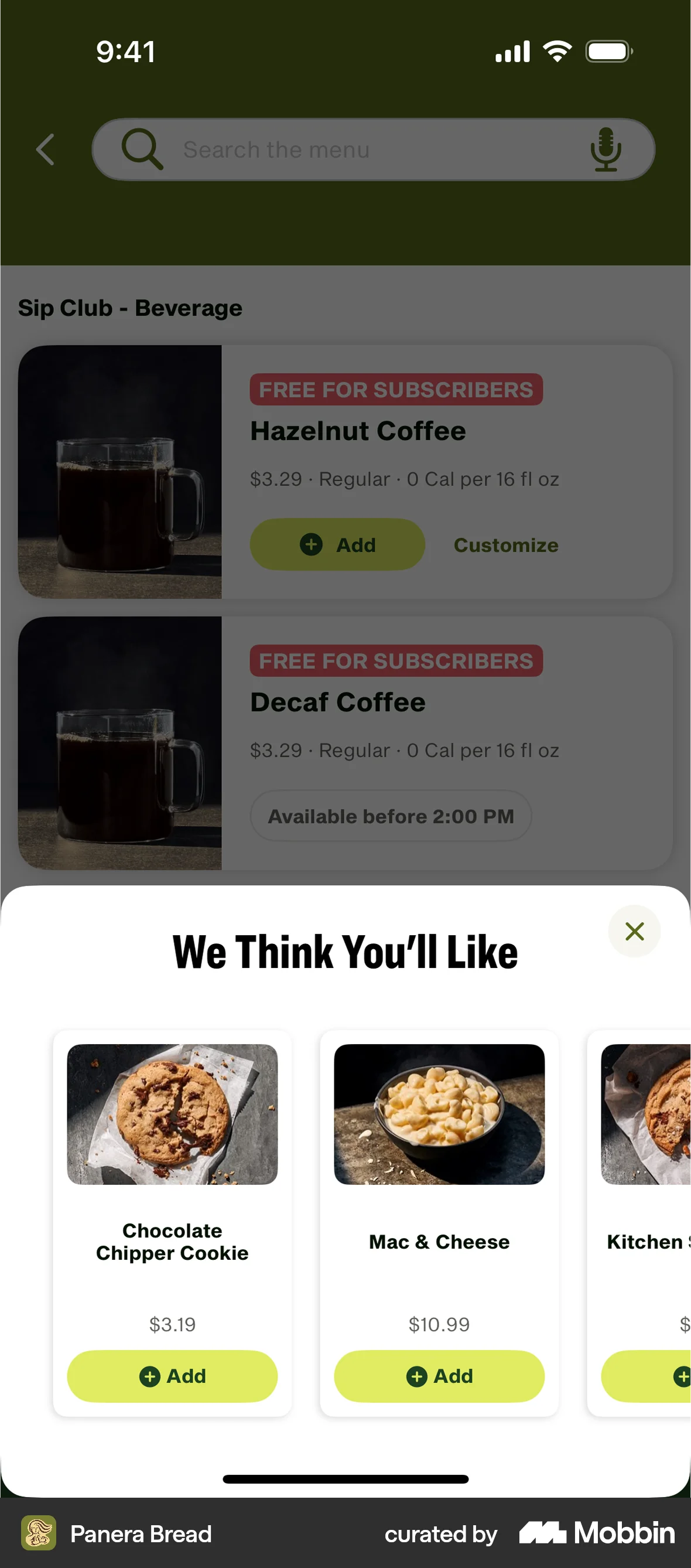 Panera Bread iOS Suggestions & Similar Items screen
