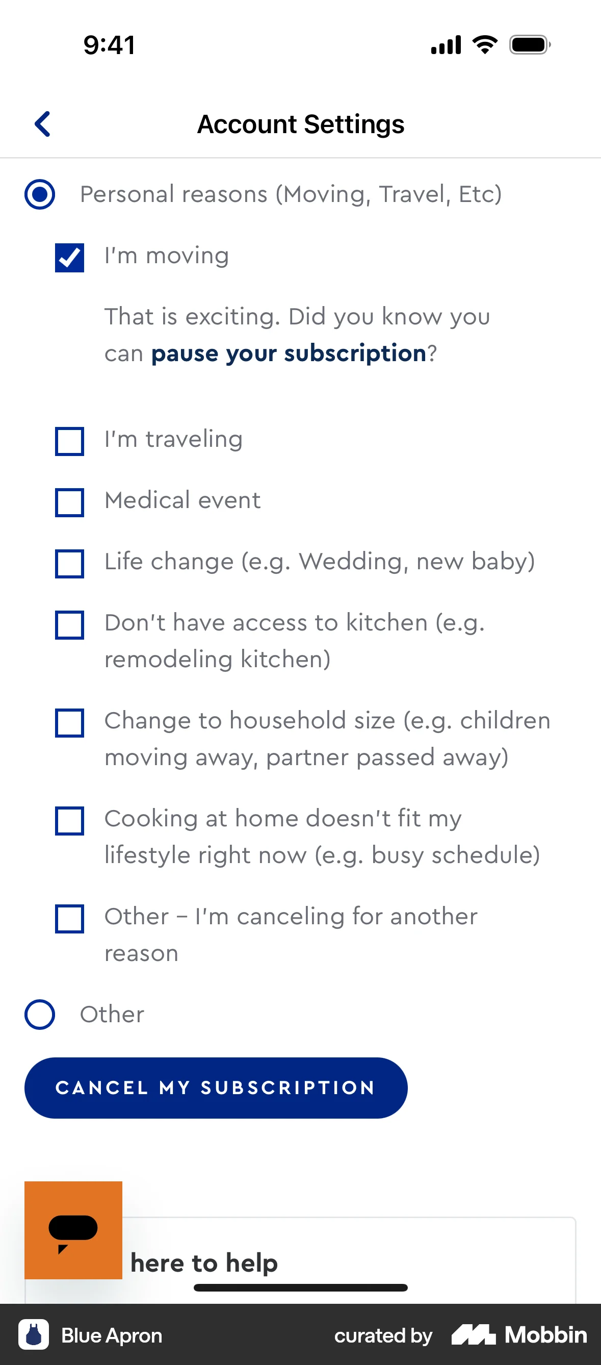 Blue Apron iOS Feedback screen