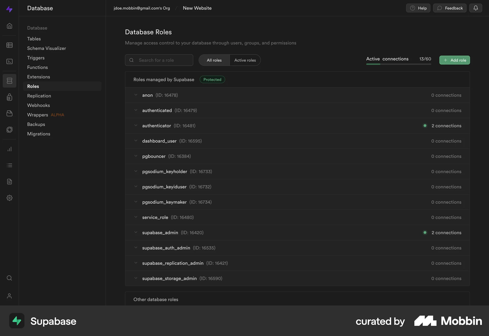 Supabase Web screen containing Segmented Control UI element