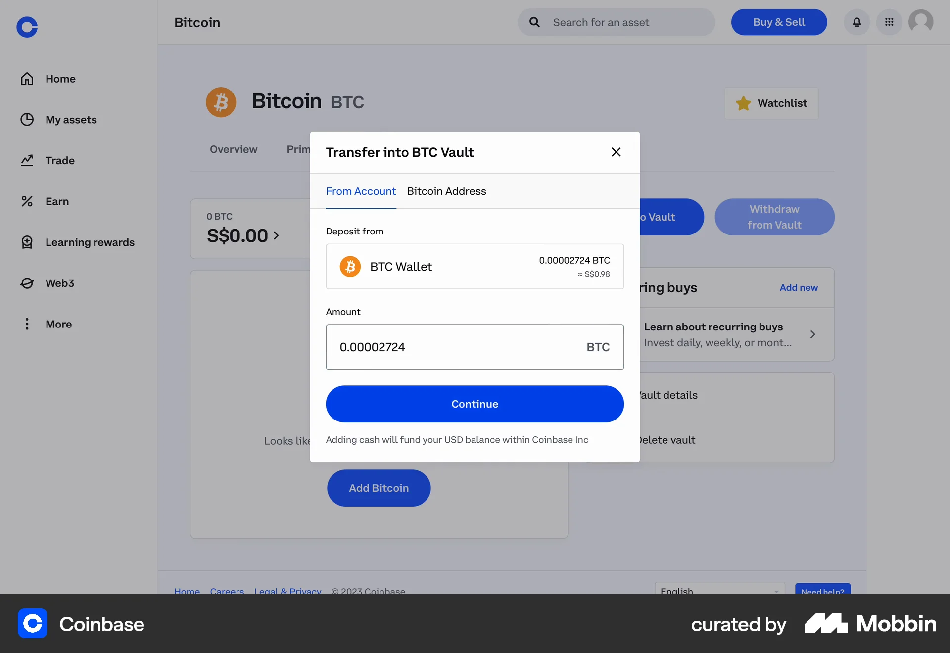 Coinbase Web Transfer & Send Money screen