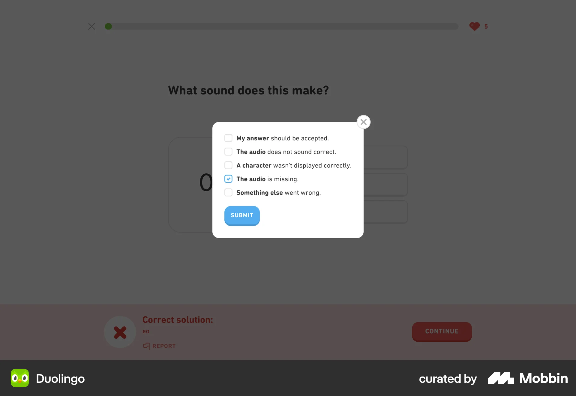 Duolingo Web Flag & Report screen