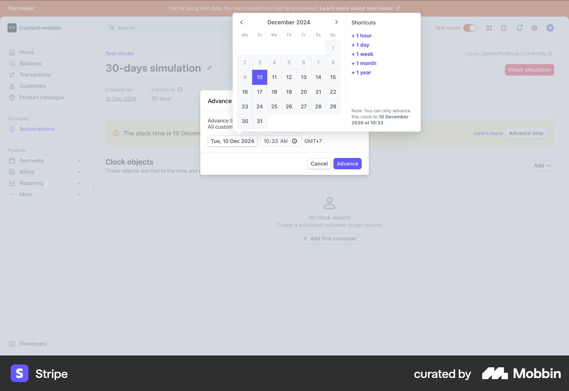 Stripe Web screen containing Date Picker UI element