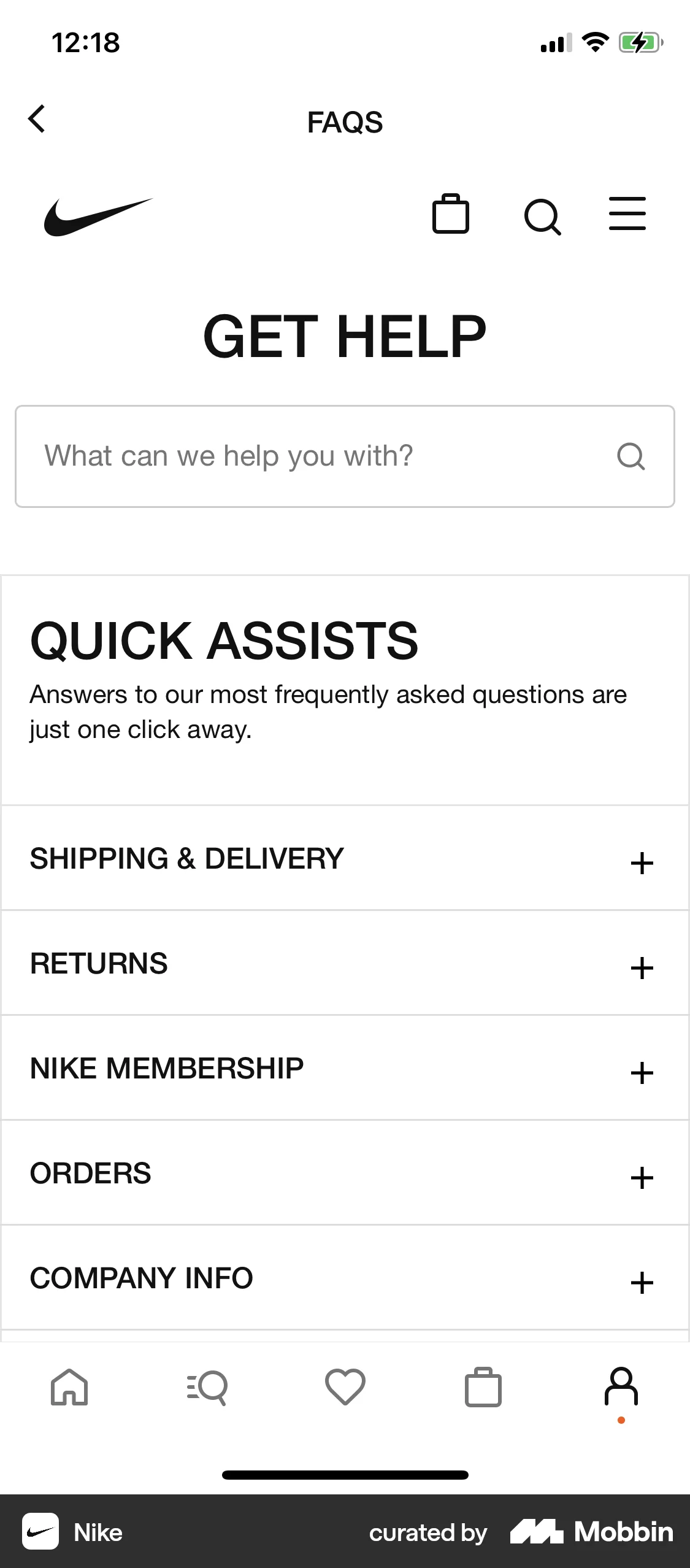 Nike iOS Help & Support screen