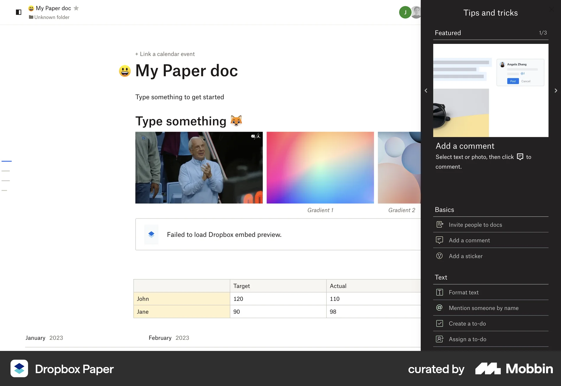 Dropbox Paper Web screen containing Carousel UI element