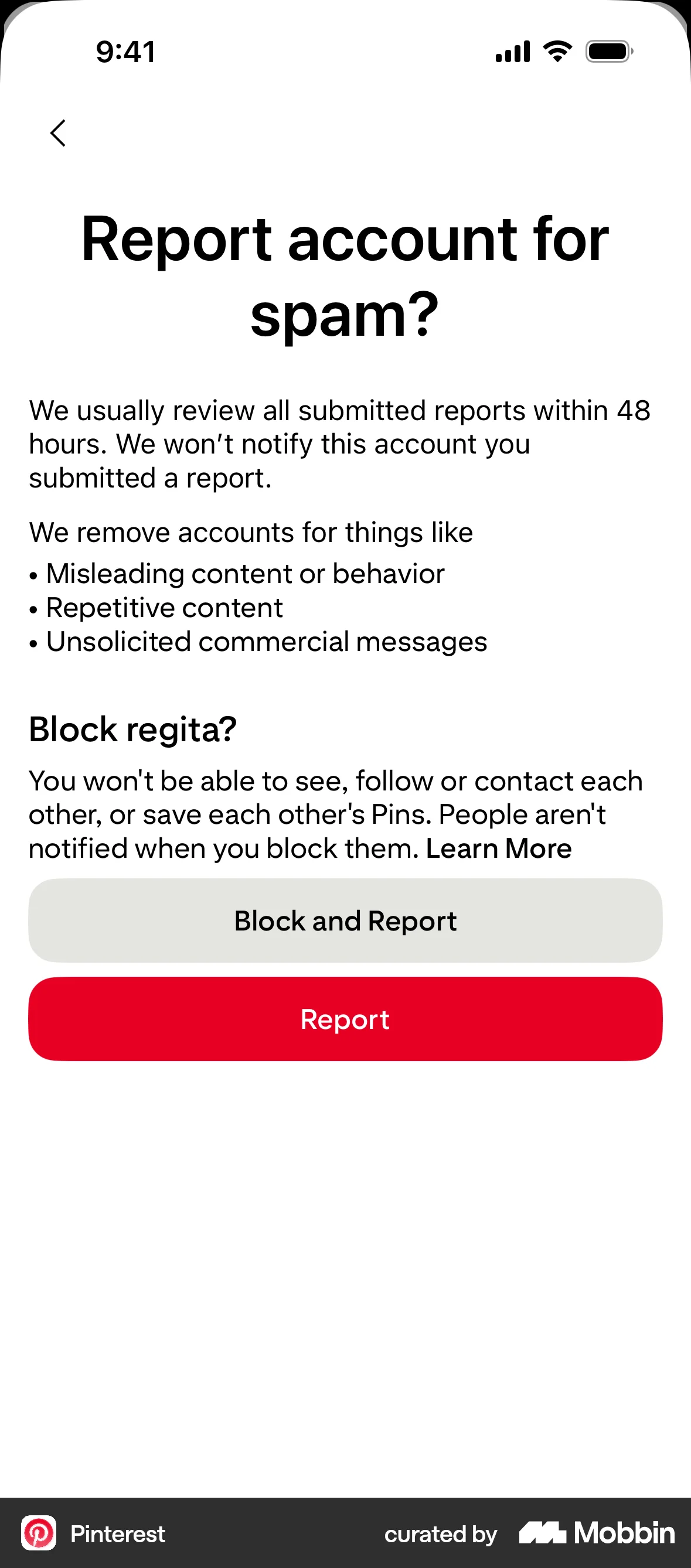 Pinterest iOS Confirmation screen