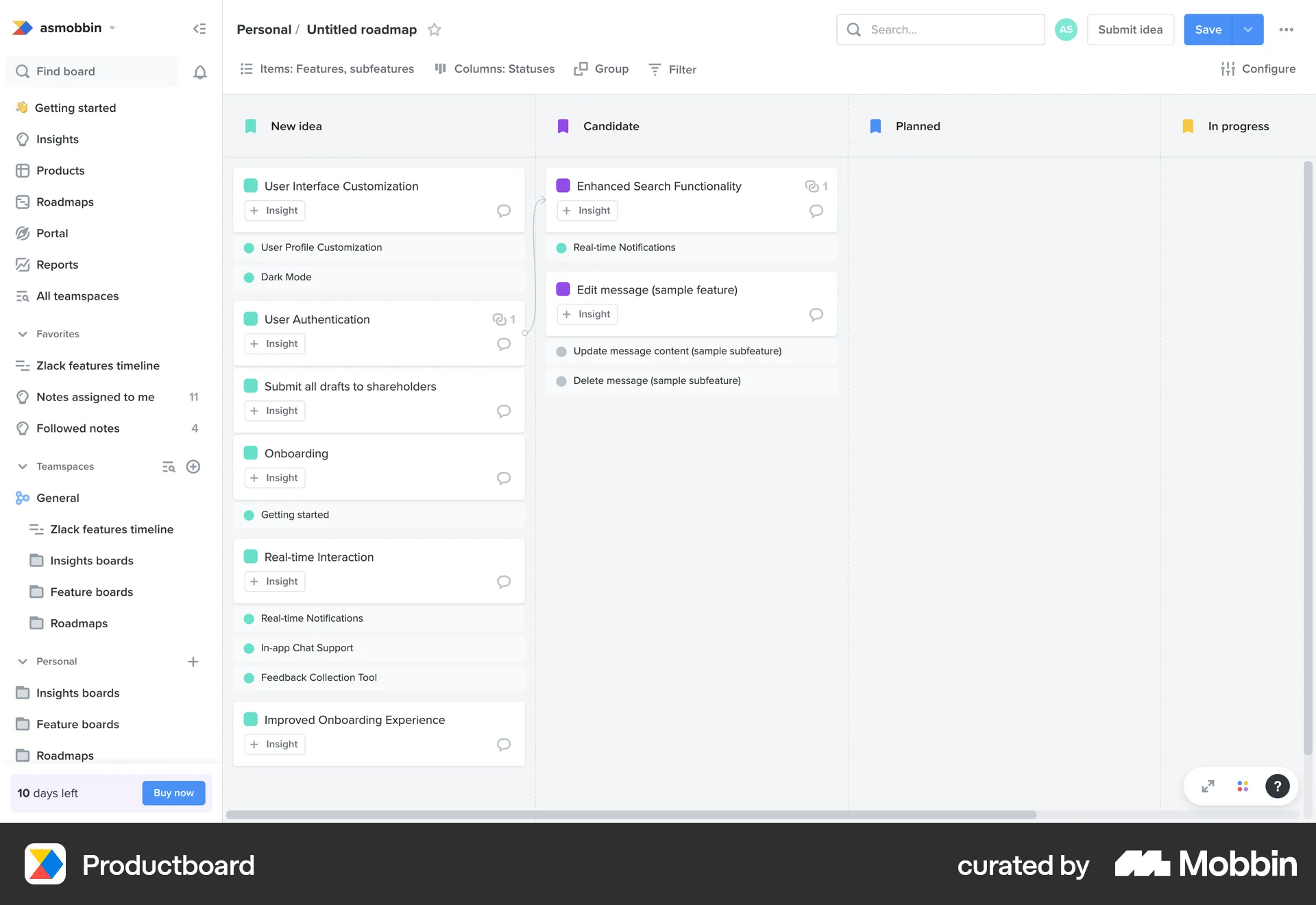 Productboard Web Kanban Board screen