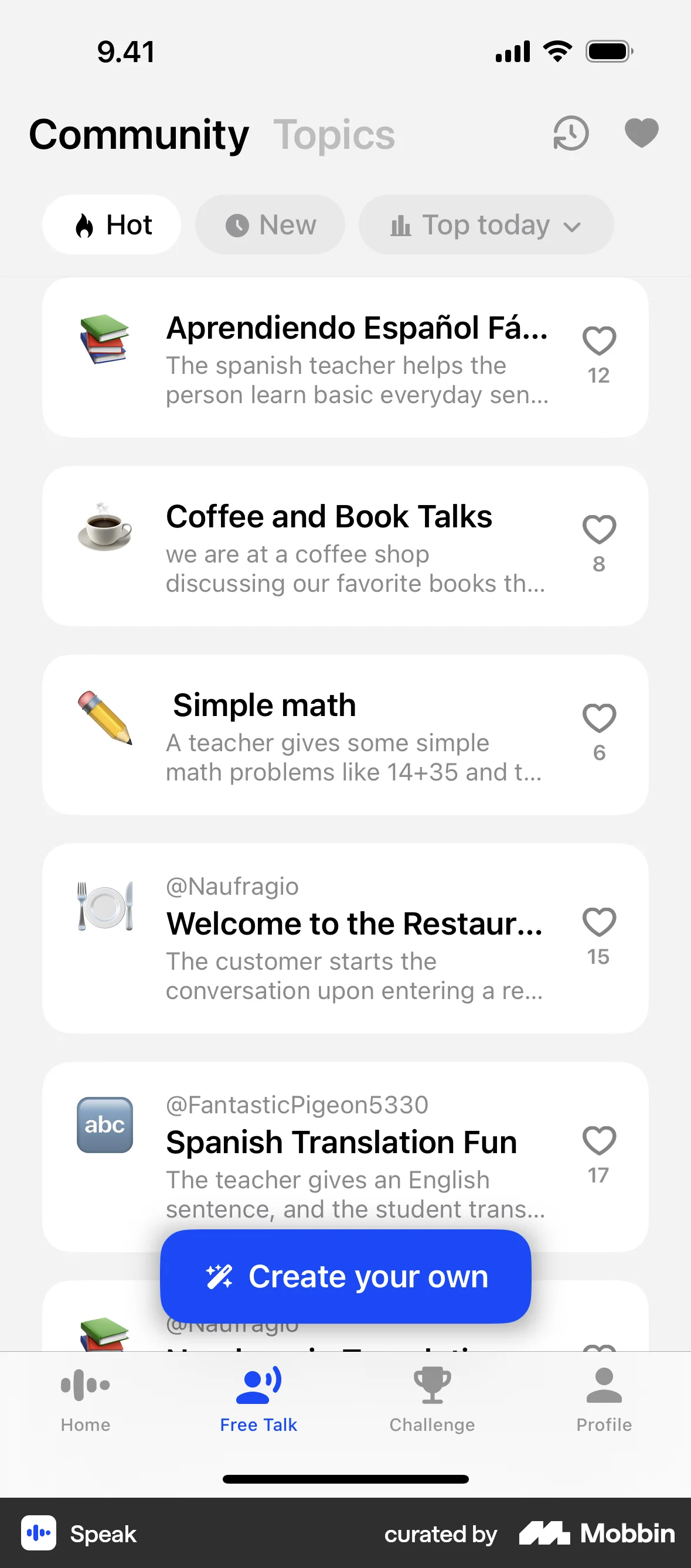 Speak iOS screen containing Tab UI element