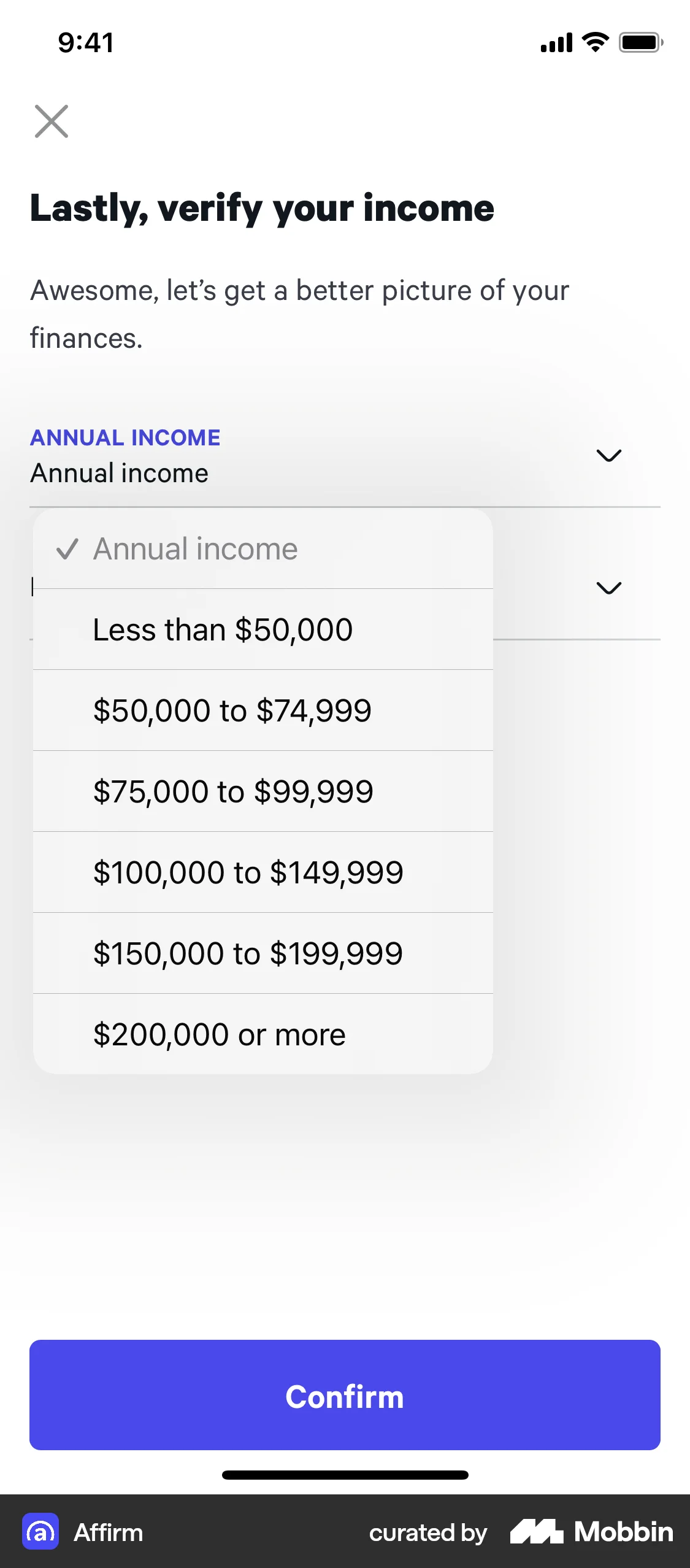 Affirm iOS Account Setup screen