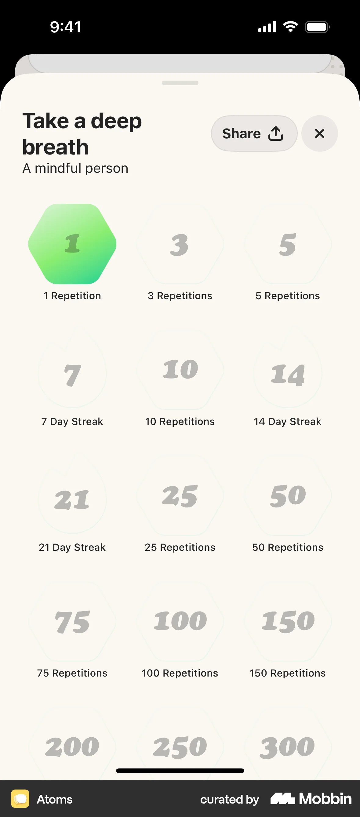 Atoms iOS Achievements & Awards screen