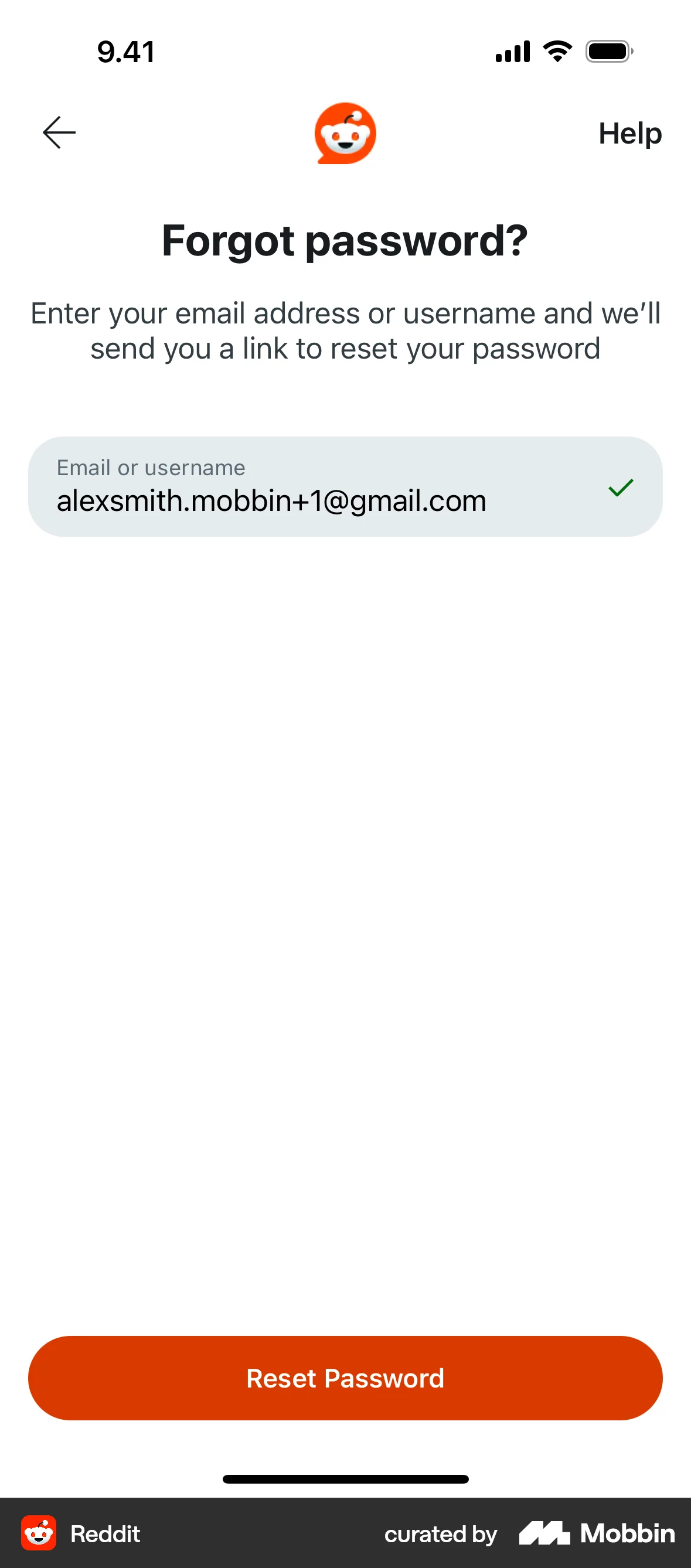 Reddit iOS Forgot Password screen