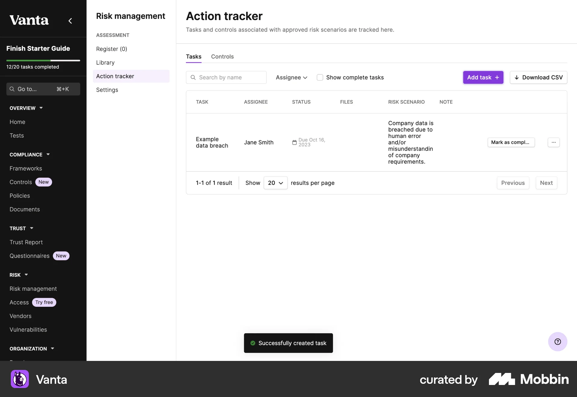 Vanta Web Goal & Task screen