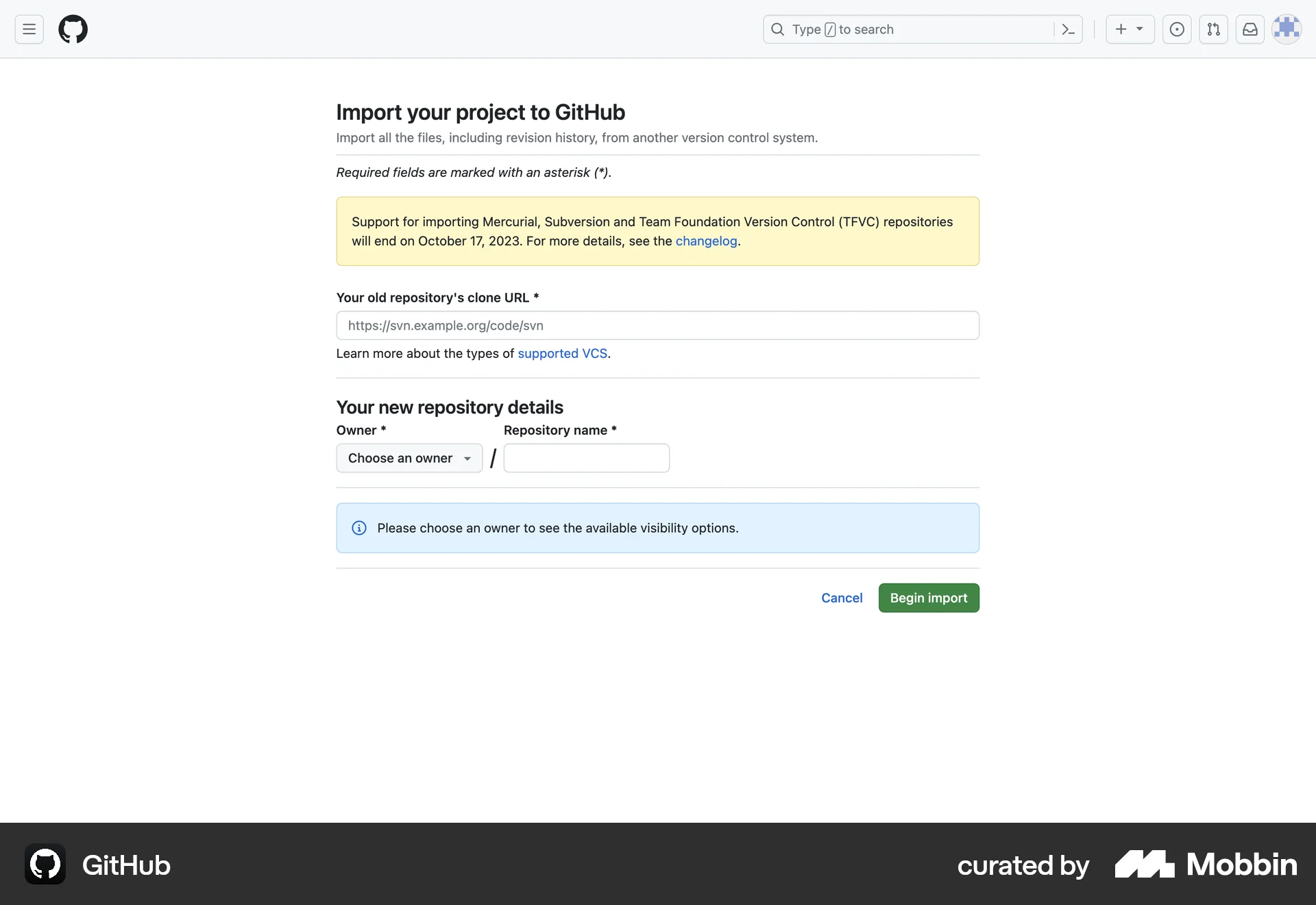GitHub Web Import & Export screen