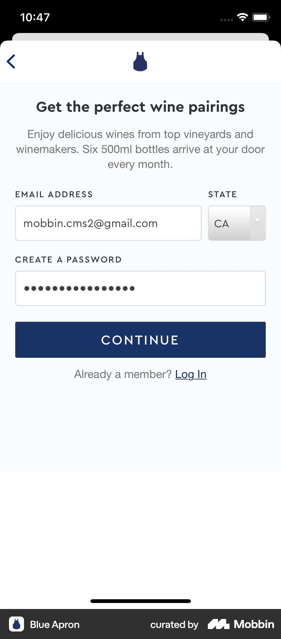 Blue Apron iOS Signup screen