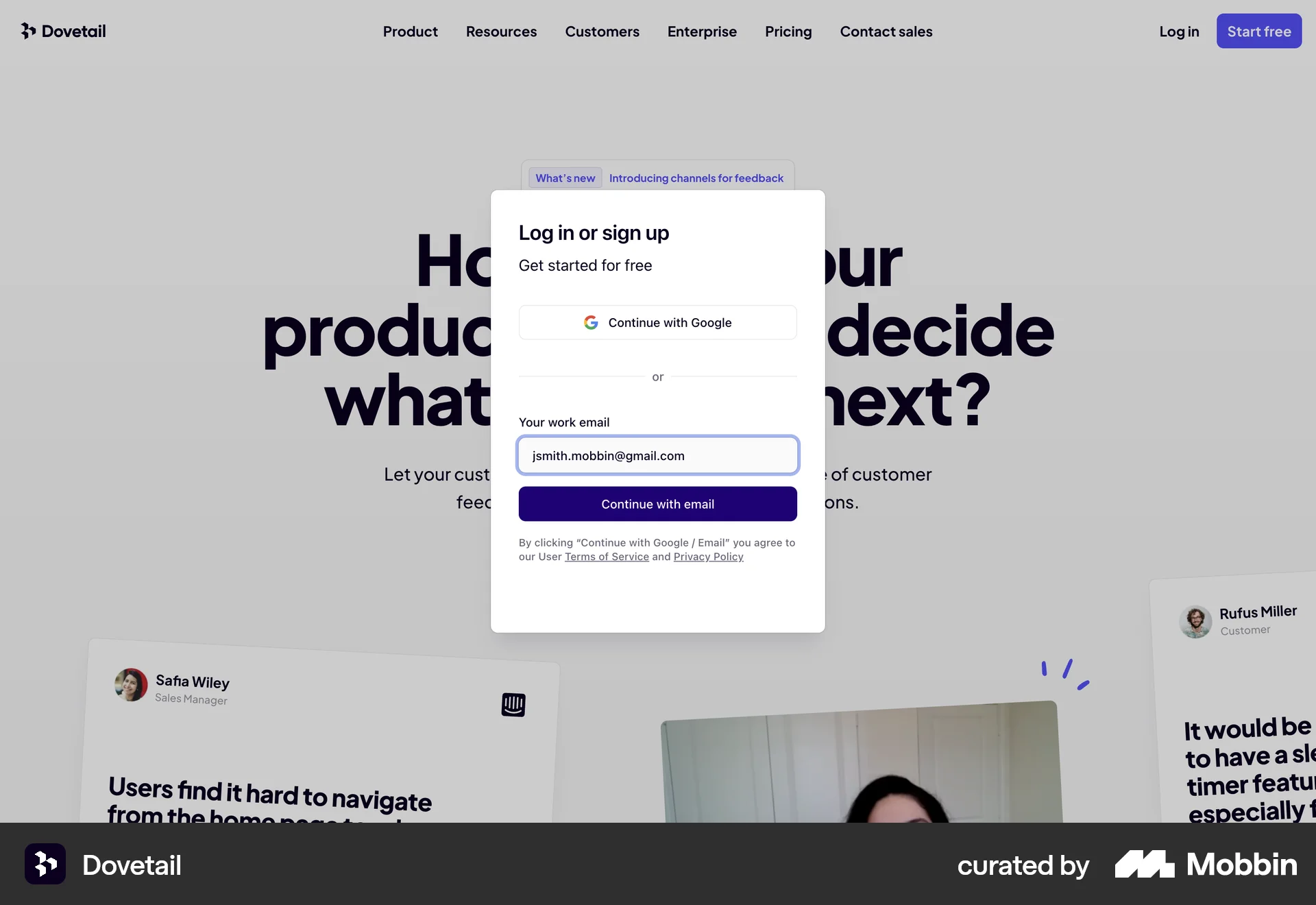 Dovetail Web Login screen