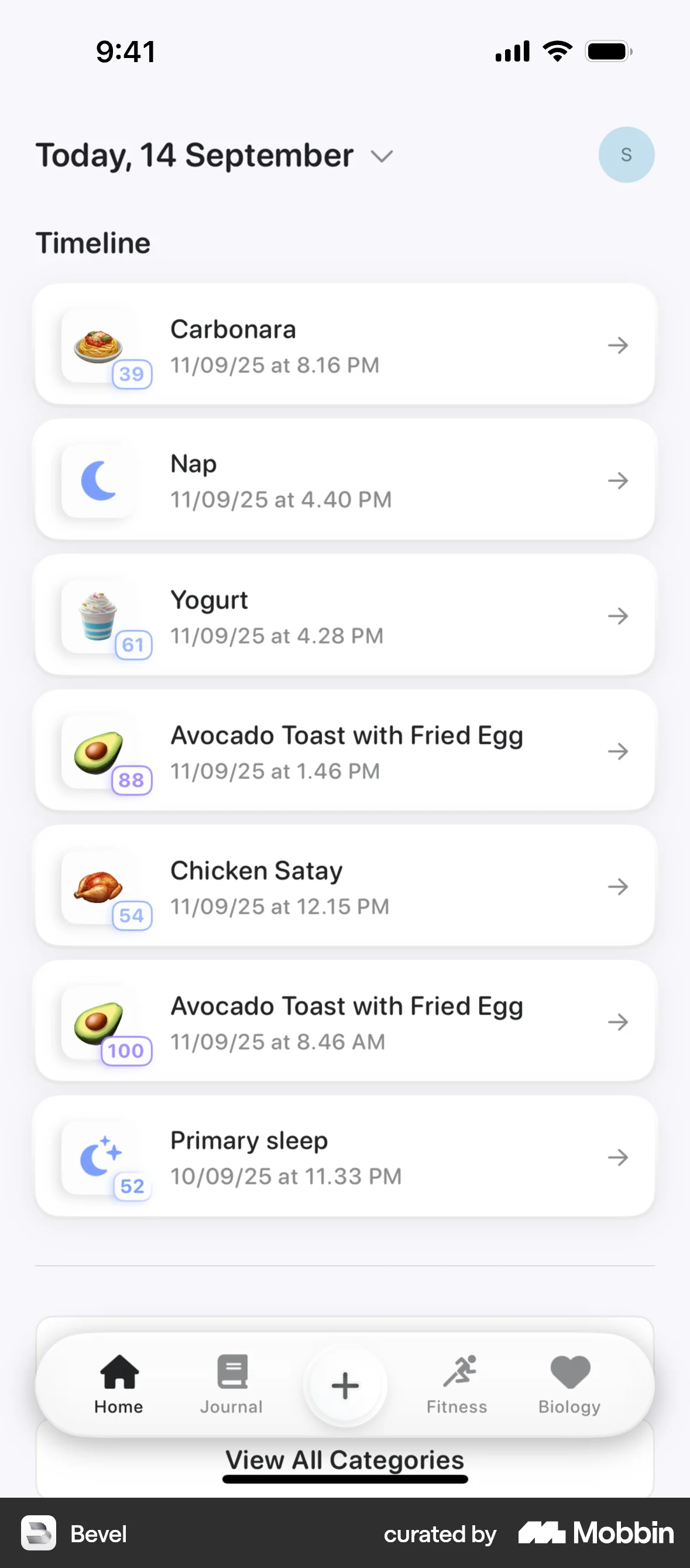 Bevel iOS Timeline & History screen