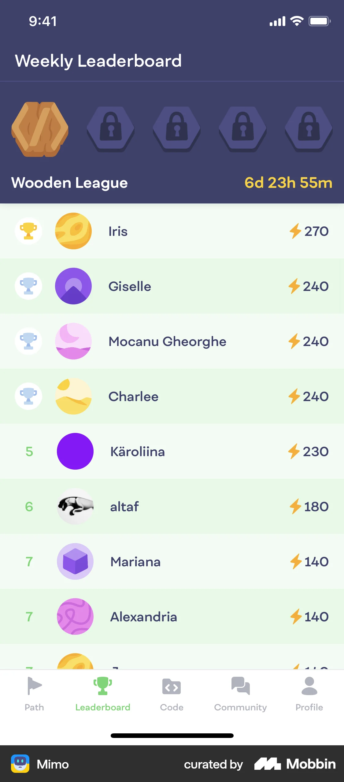Mimo iOS Leaderboard screen