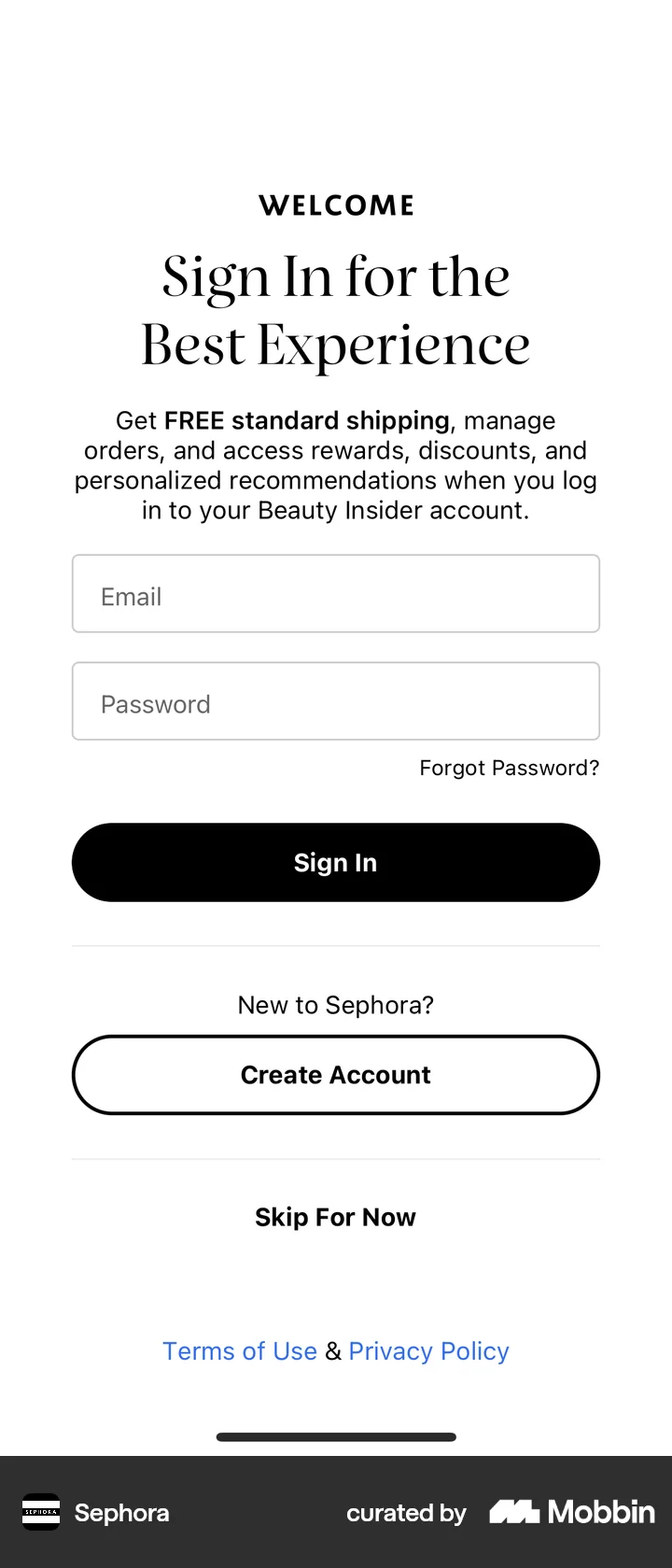 Sephora Button Sephora iOS Login form | Mobbin