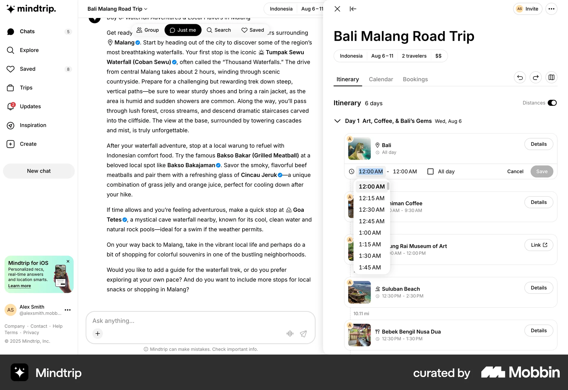Mindtrip Web screen containing Time Picker UI element