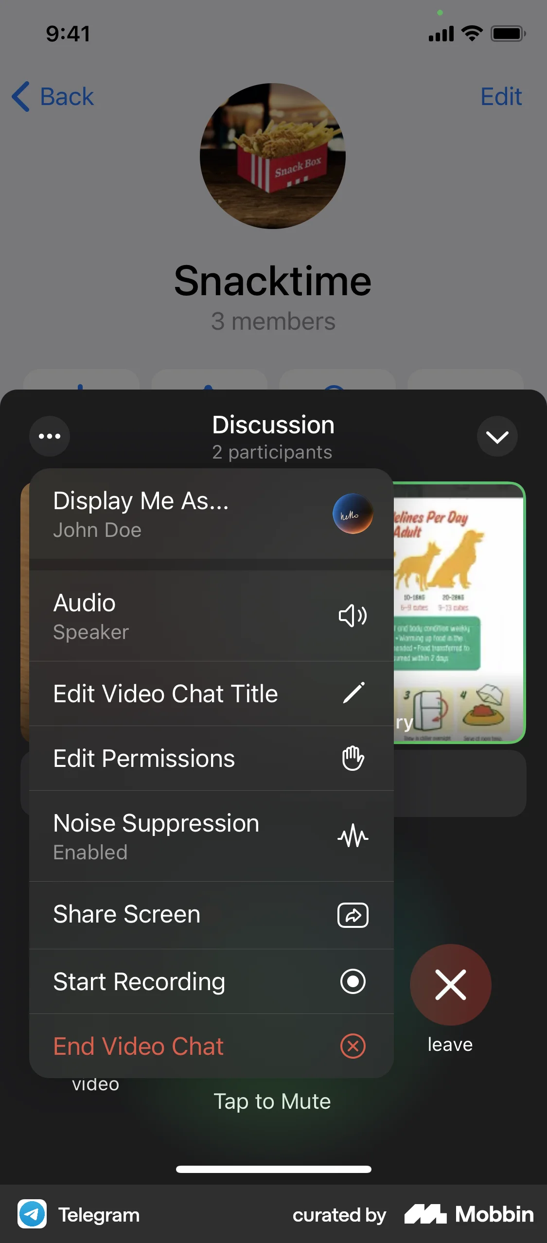 Telegram iOS screen containing Dropdown Menu UI element