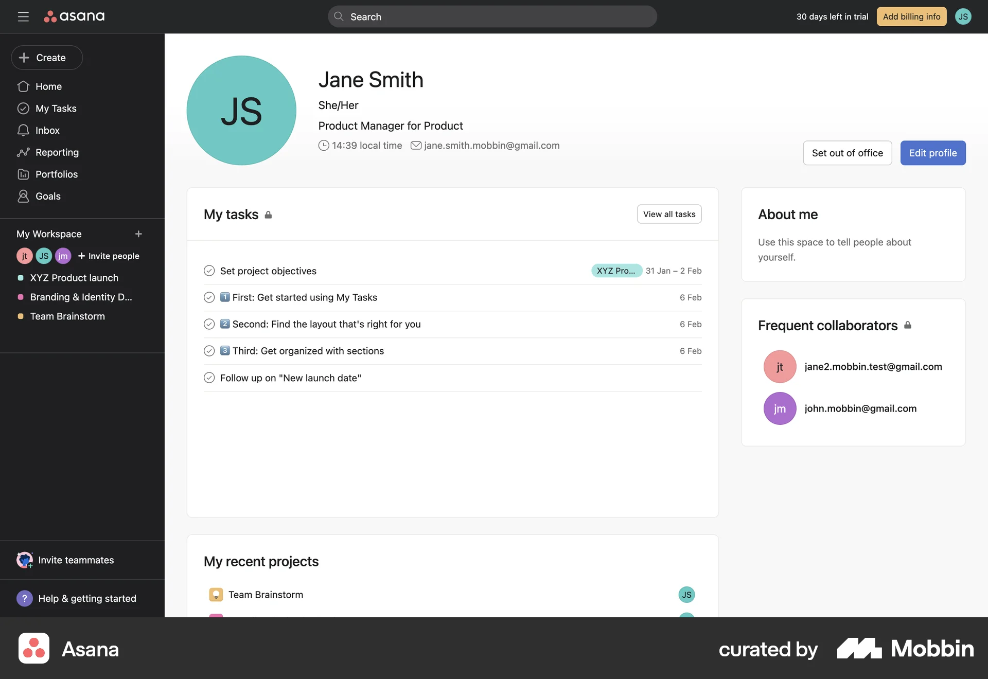 Asana Web My Account & Profile screen