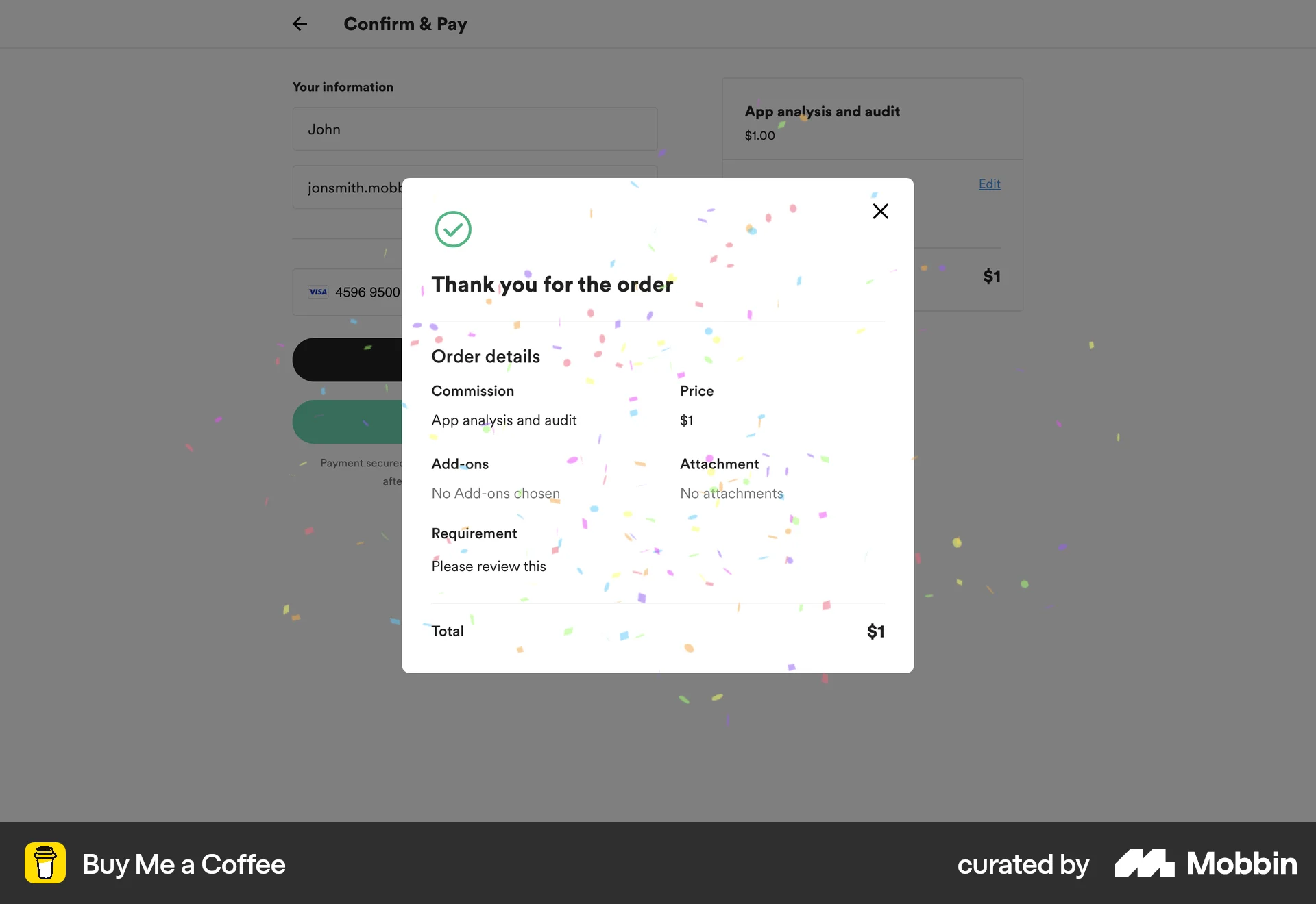Buy Me a Coffee Web Order Confirmation screen