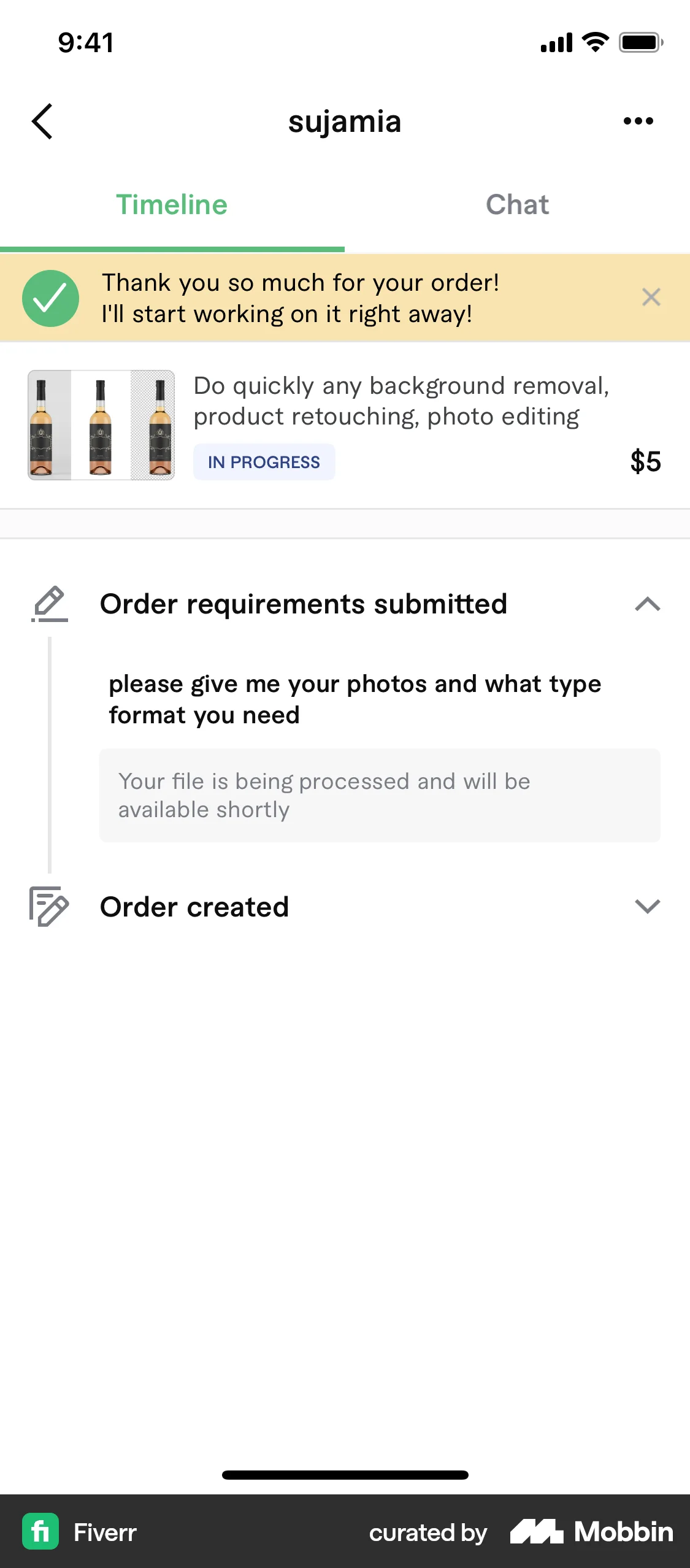 Fiverr iOS Order History screen