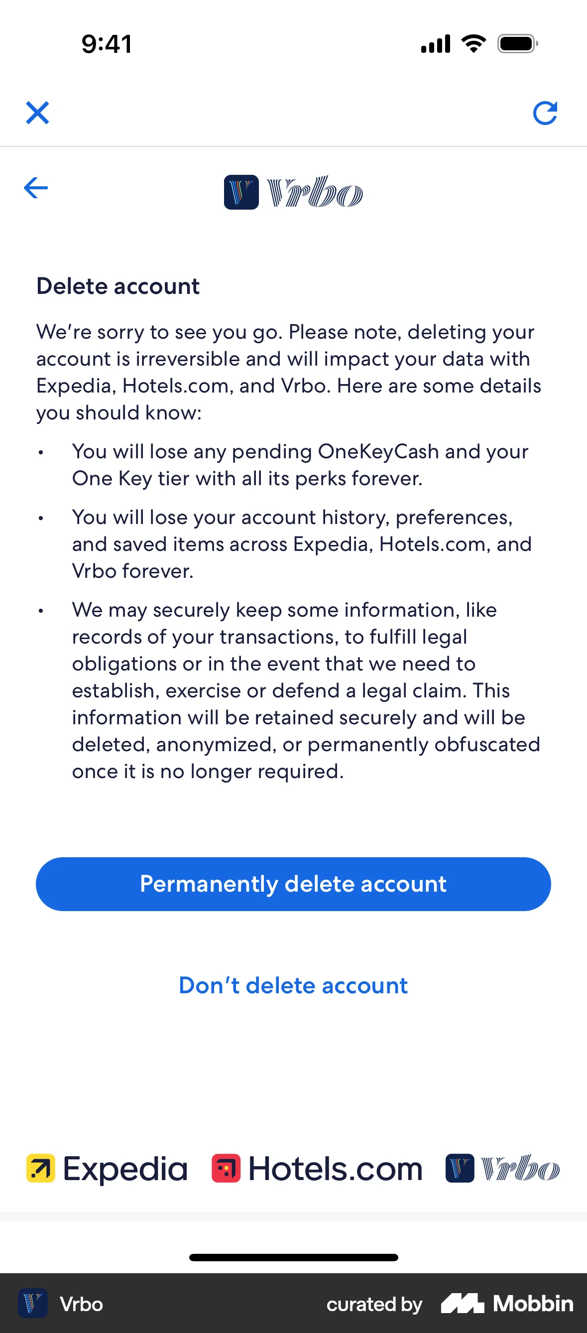 Vrbo iOS Delete & Deactivate Account screen