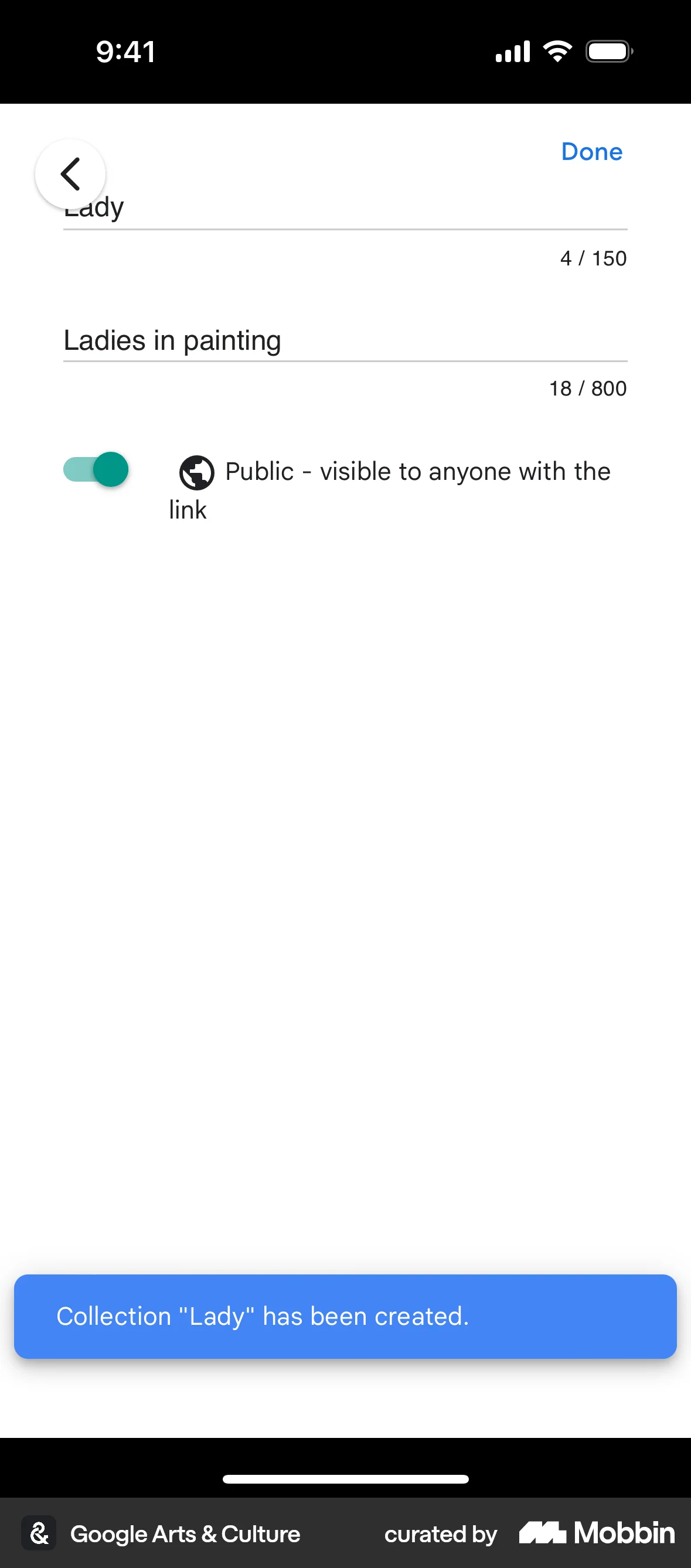 Google Arts & Culture iOS screen containing Toast UI element
