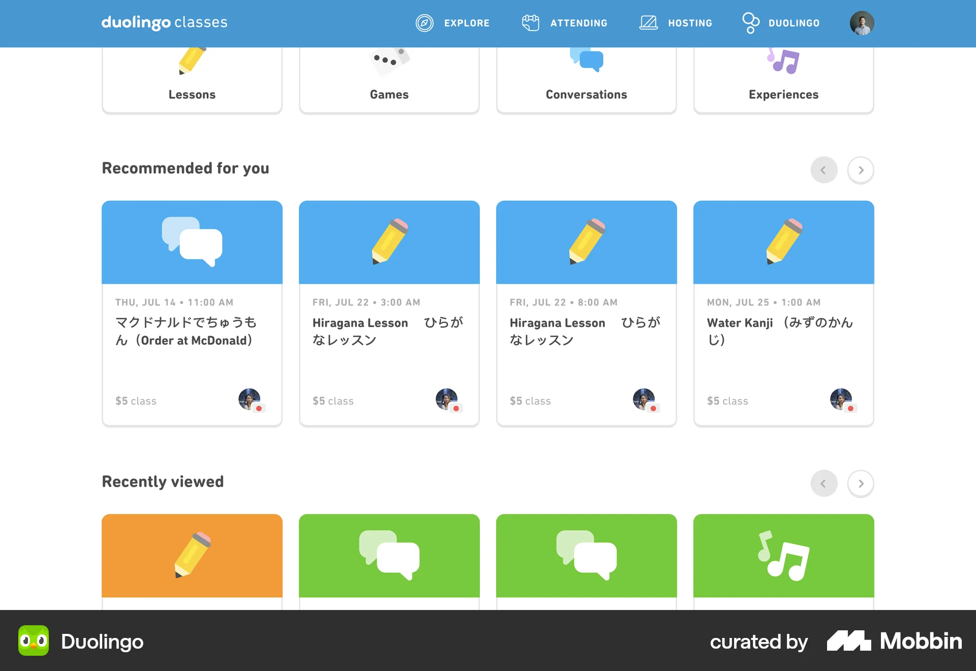 Duolingo Web screen containing Carousel UI element