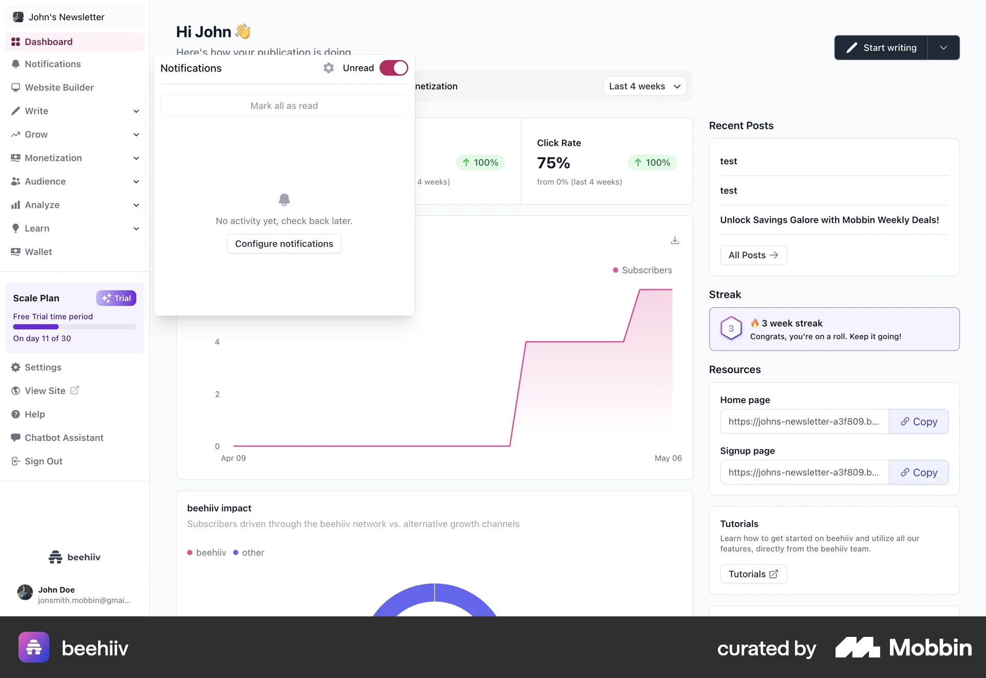 beehiiv Web screen containing Switch UI element