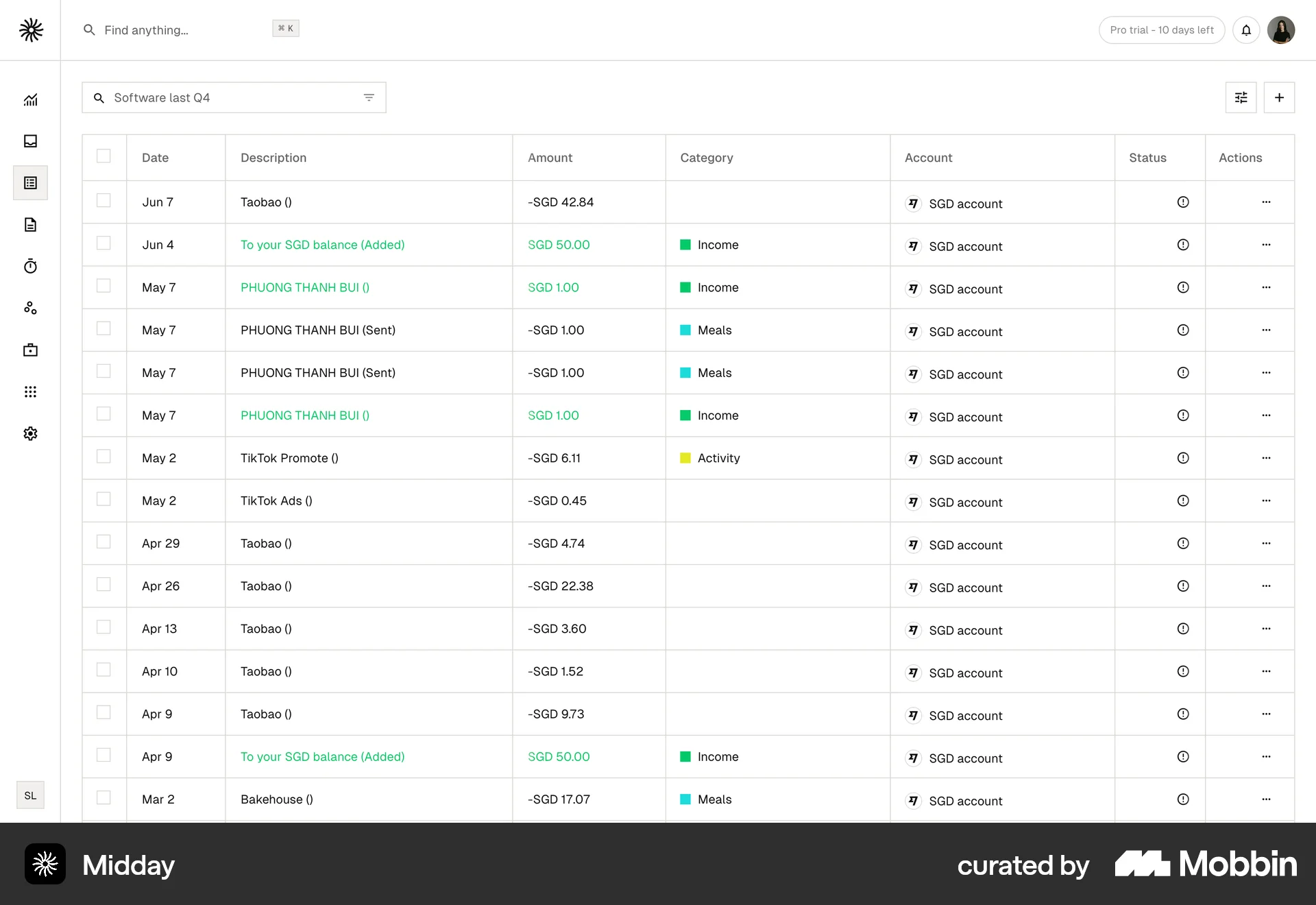 Midday Web screen containing Toolbar UI element