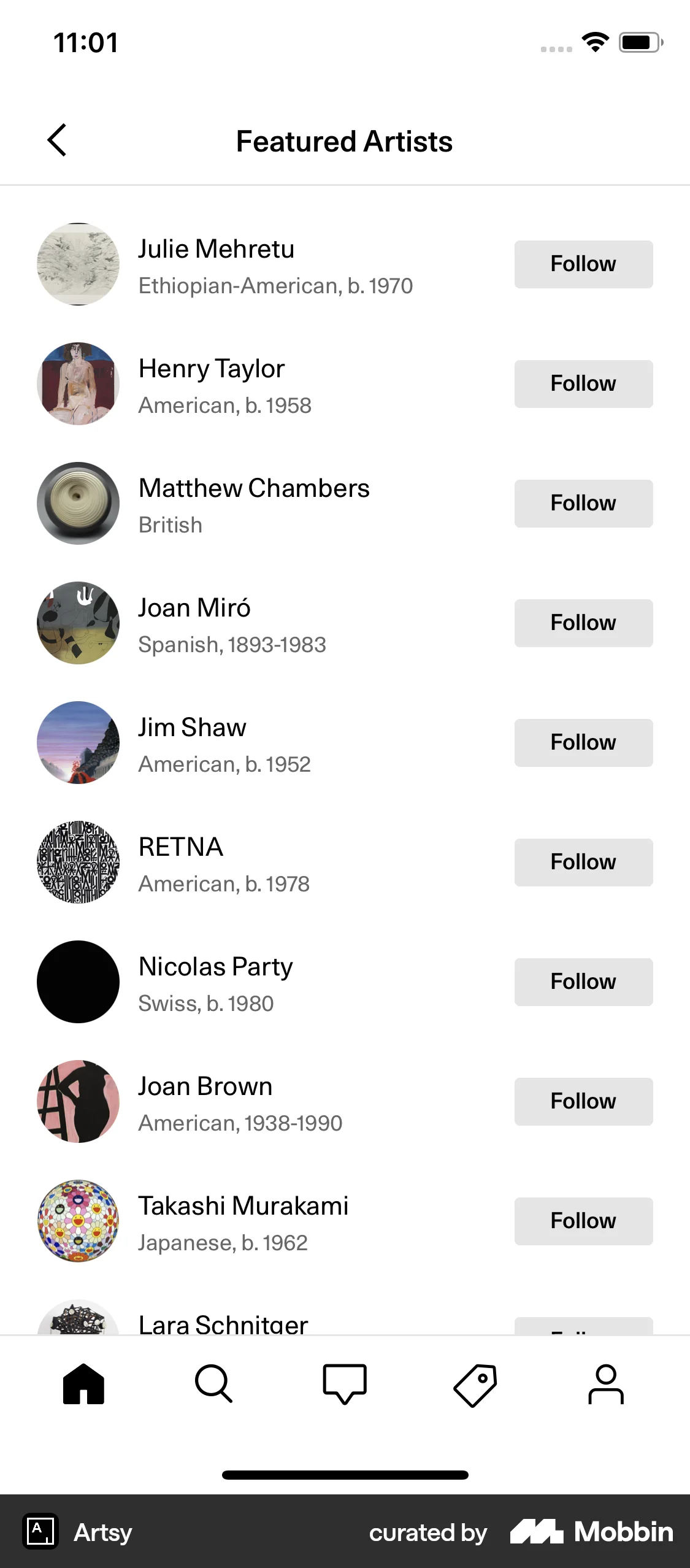 Artsy iOS Follow & Subscribe screen
