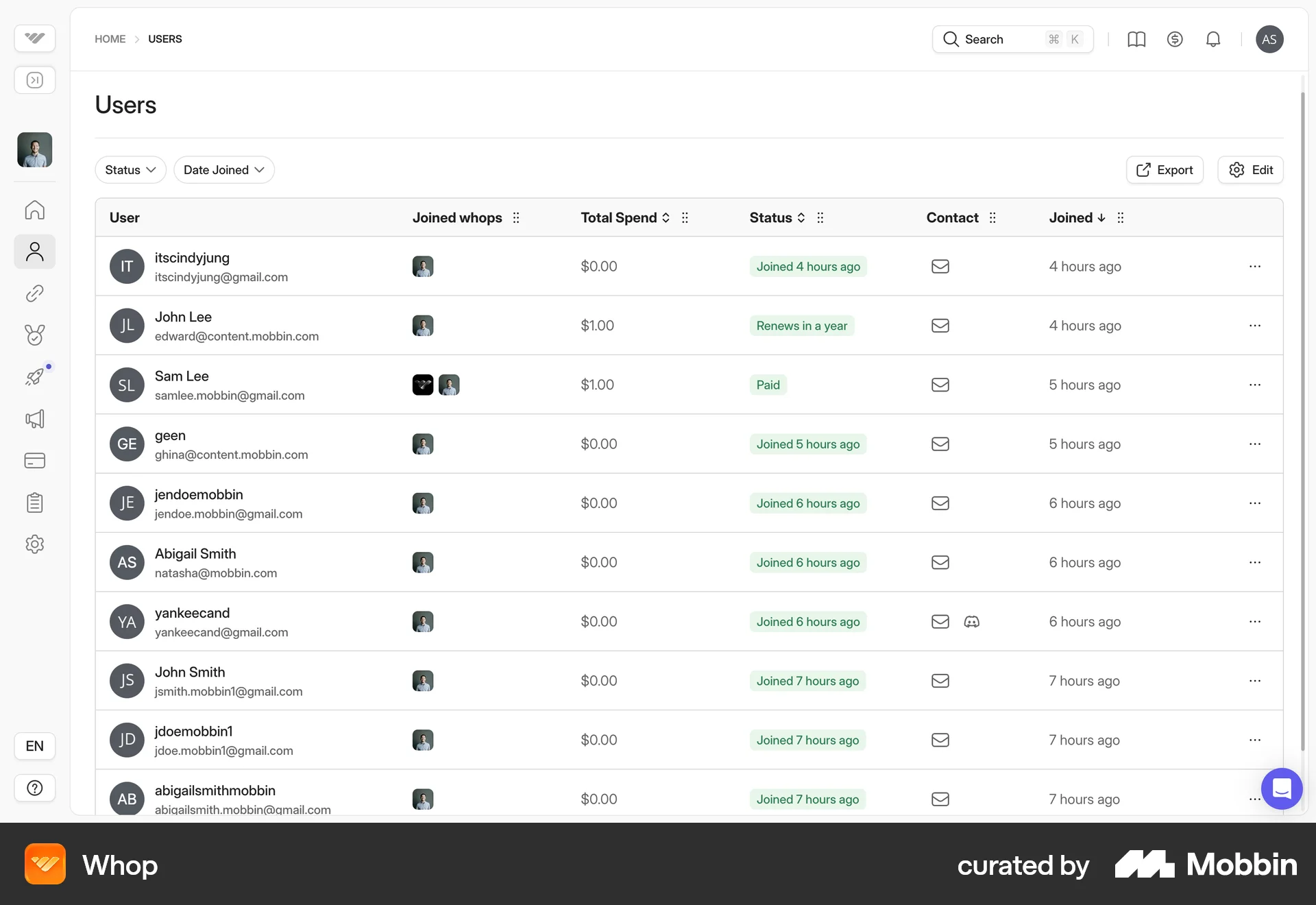 Whop Web screen containing Table UI element