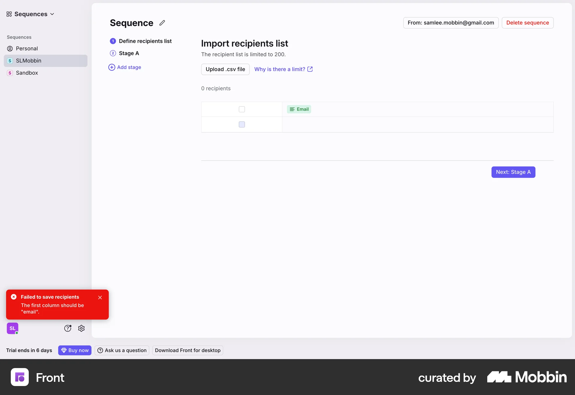 Front Web Error screen