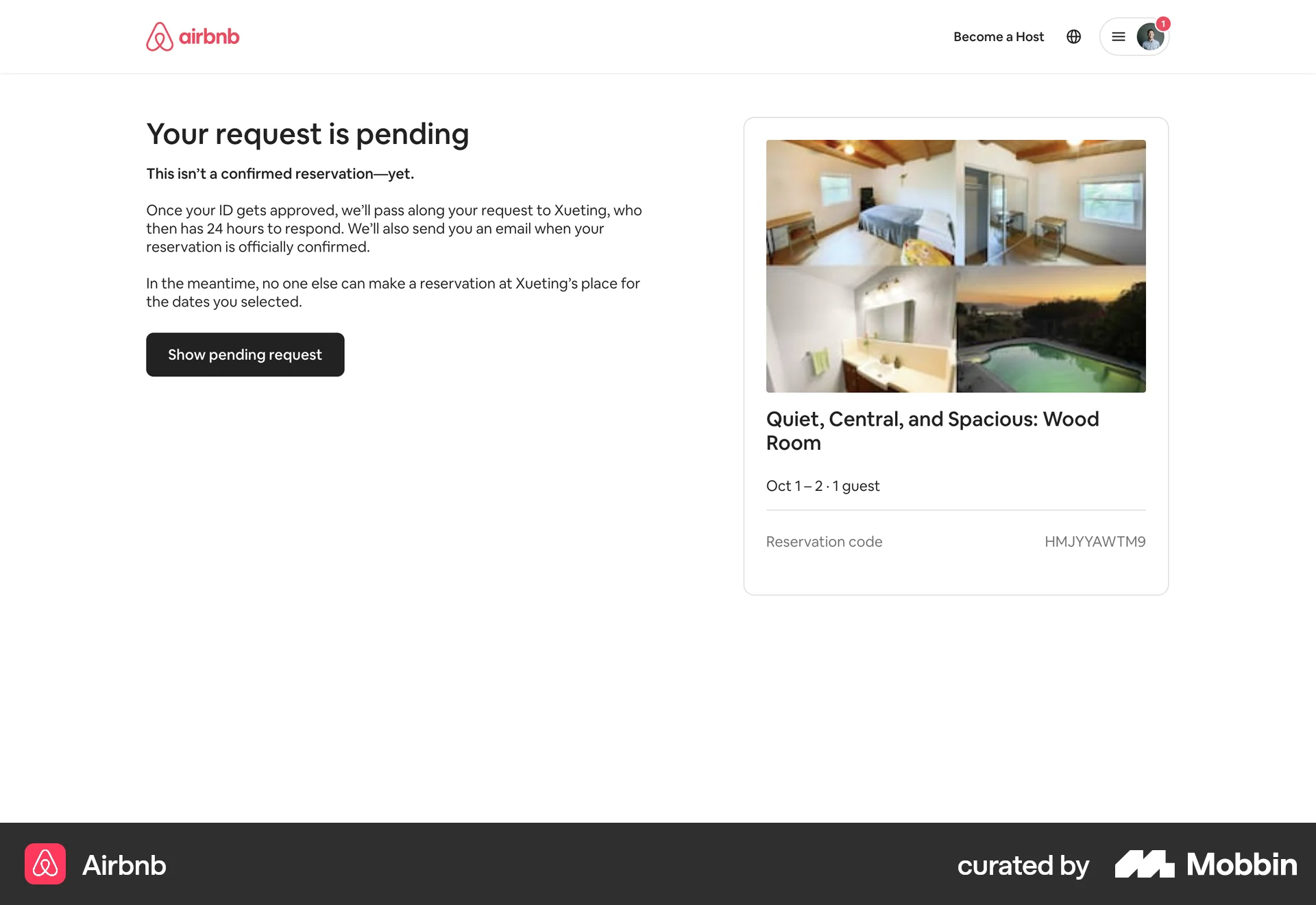 Airbnb Web Order Confirmation screen
