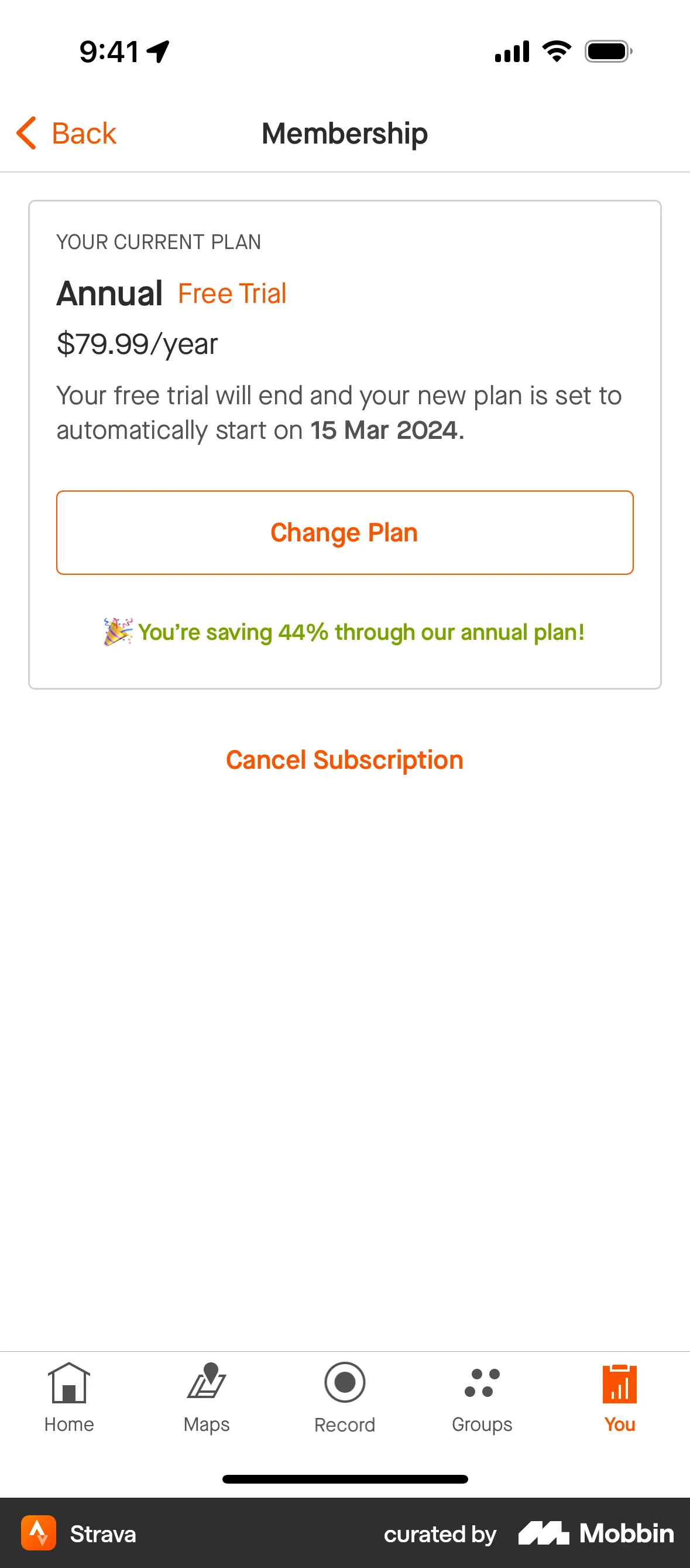Strava iOS Billing screen